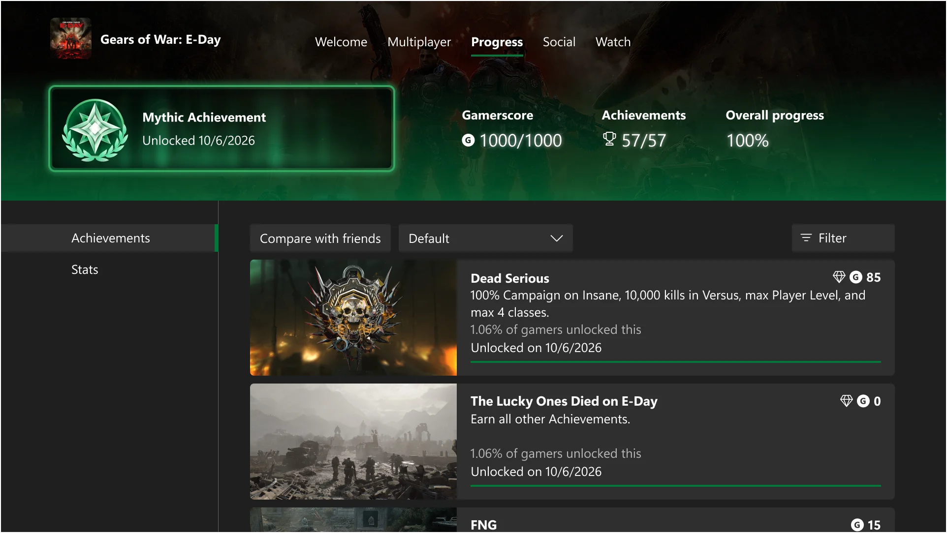 Xbox game achievement page showing an earned Mythic badge and a completed original achievement list.
