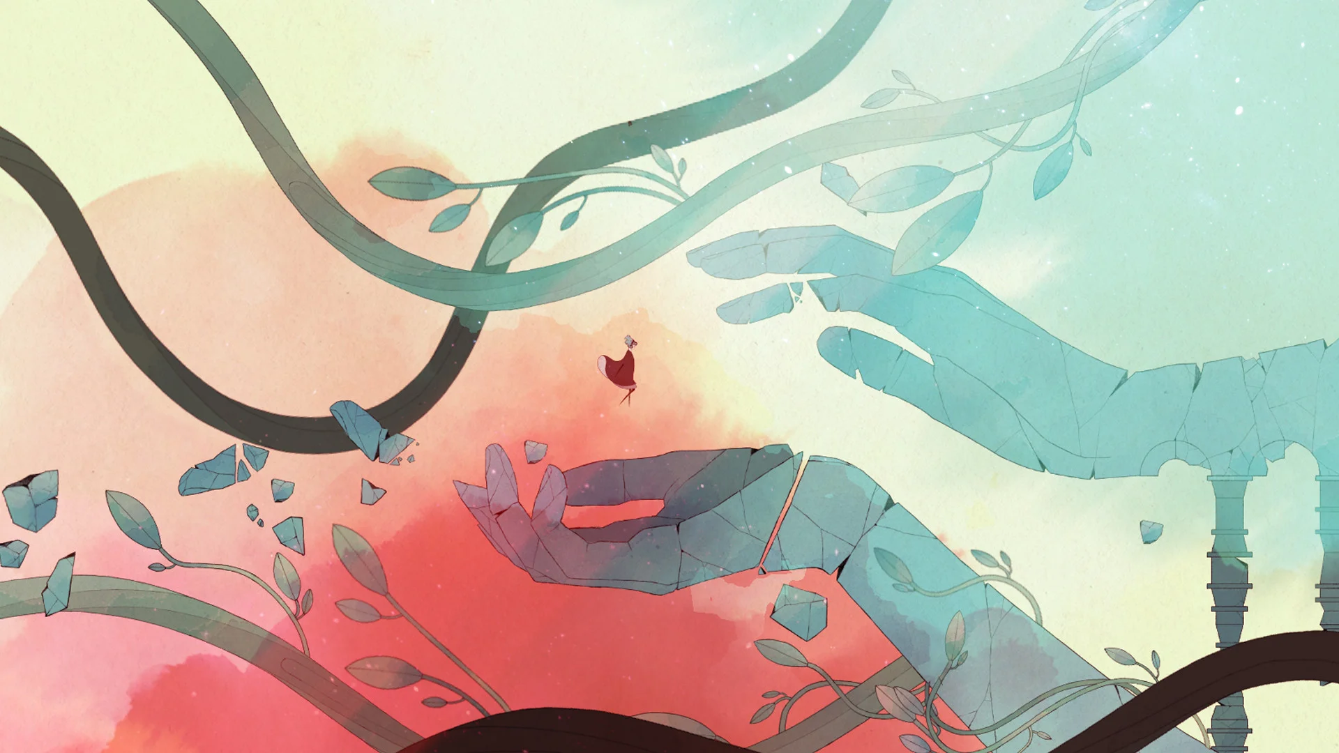 A character falls between large stone hands and curling branches in GRIS.