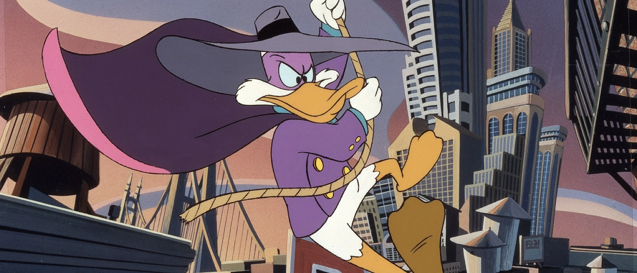Darkwing Duck flies over St. Canard in artwork for the original animated series.