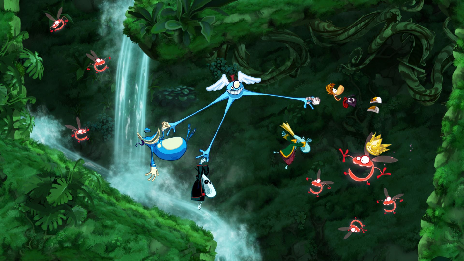 Rayman and friends swing from a blue character beside a forest waterfall.