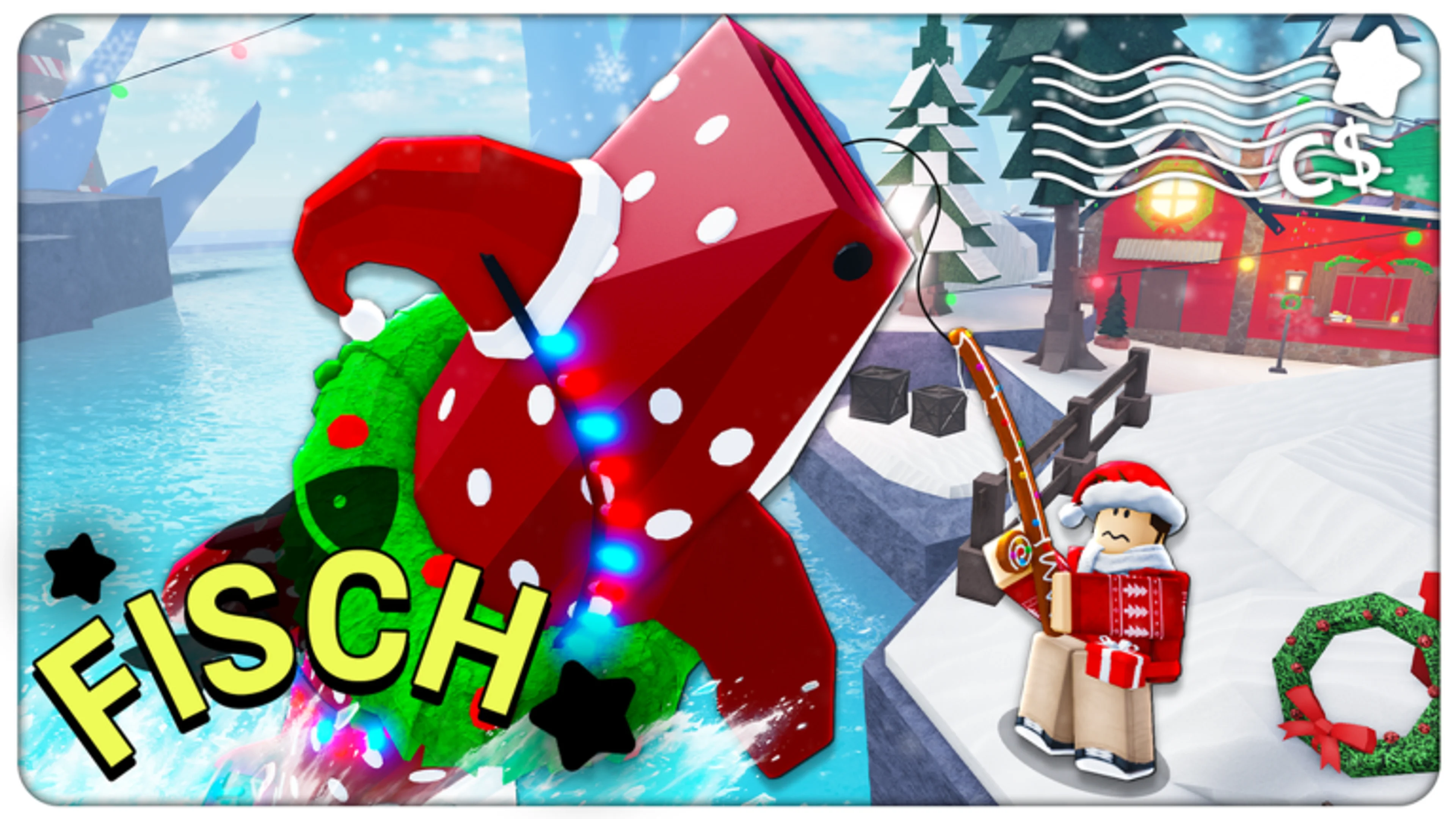 A player beside a large winter-themed sea creature in Fisch
