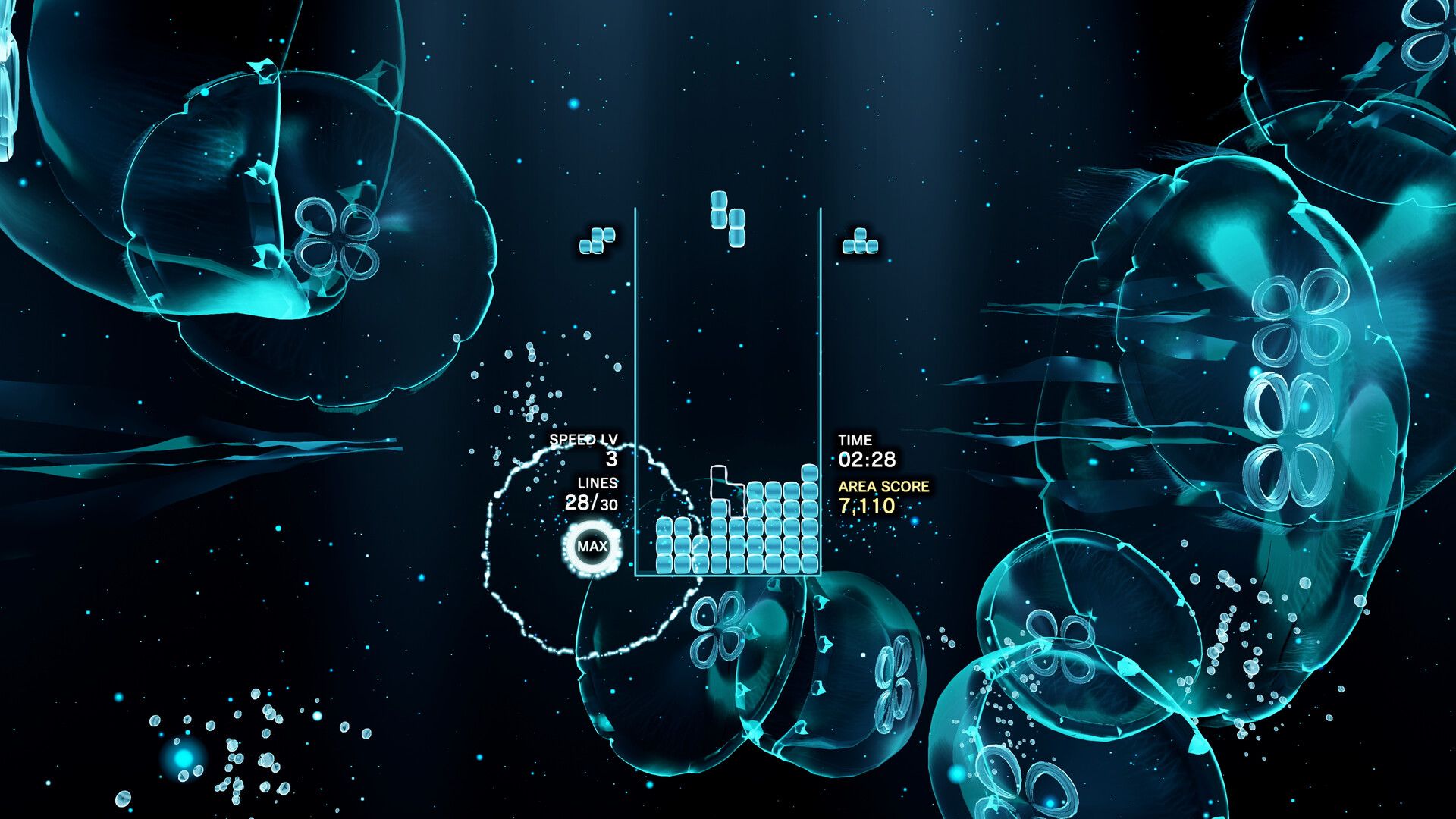 Blue bubbles and particles frame a central Tetris board.