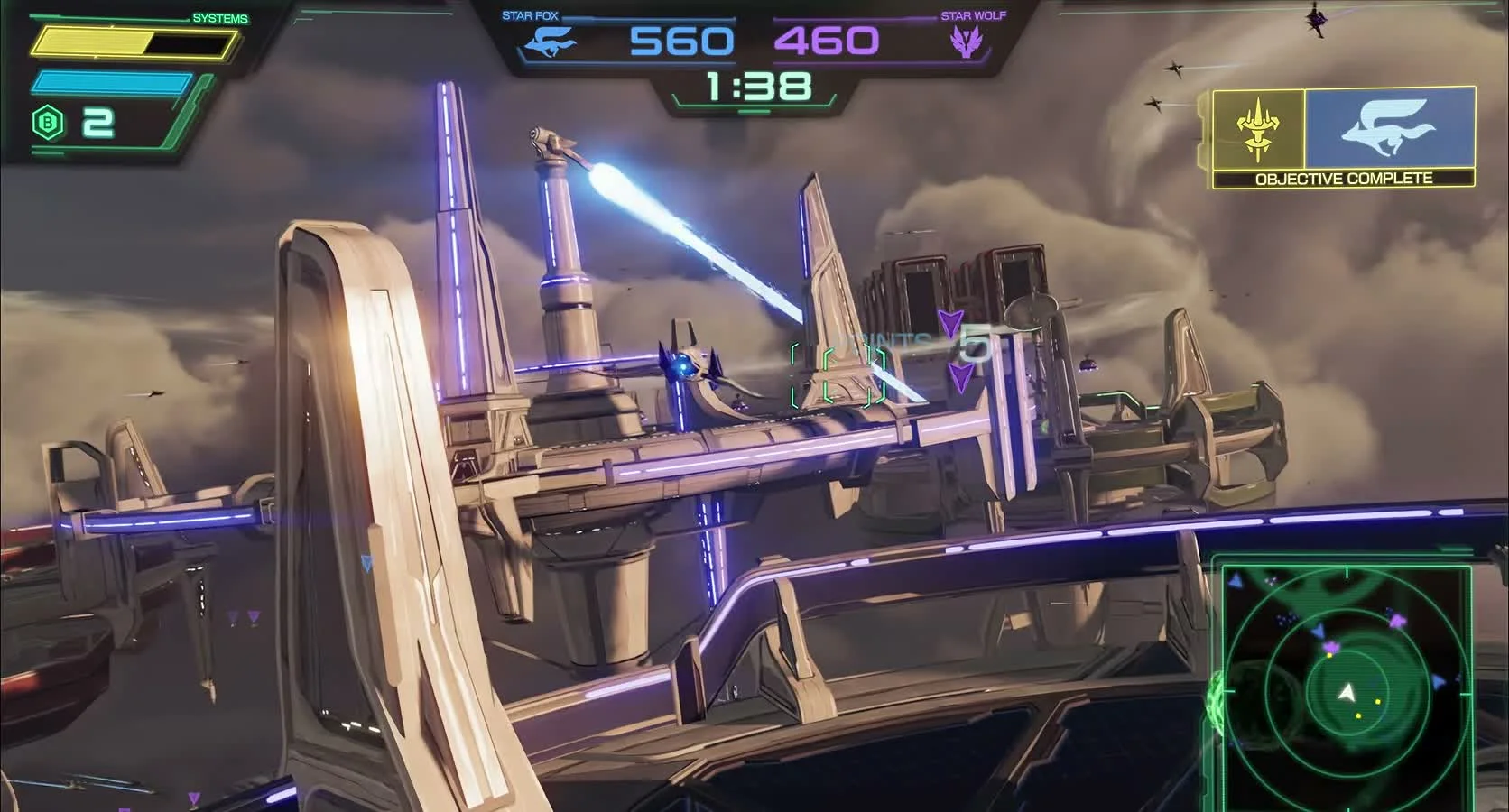 Arwings battle around the laser platforms on the new Katina stage.