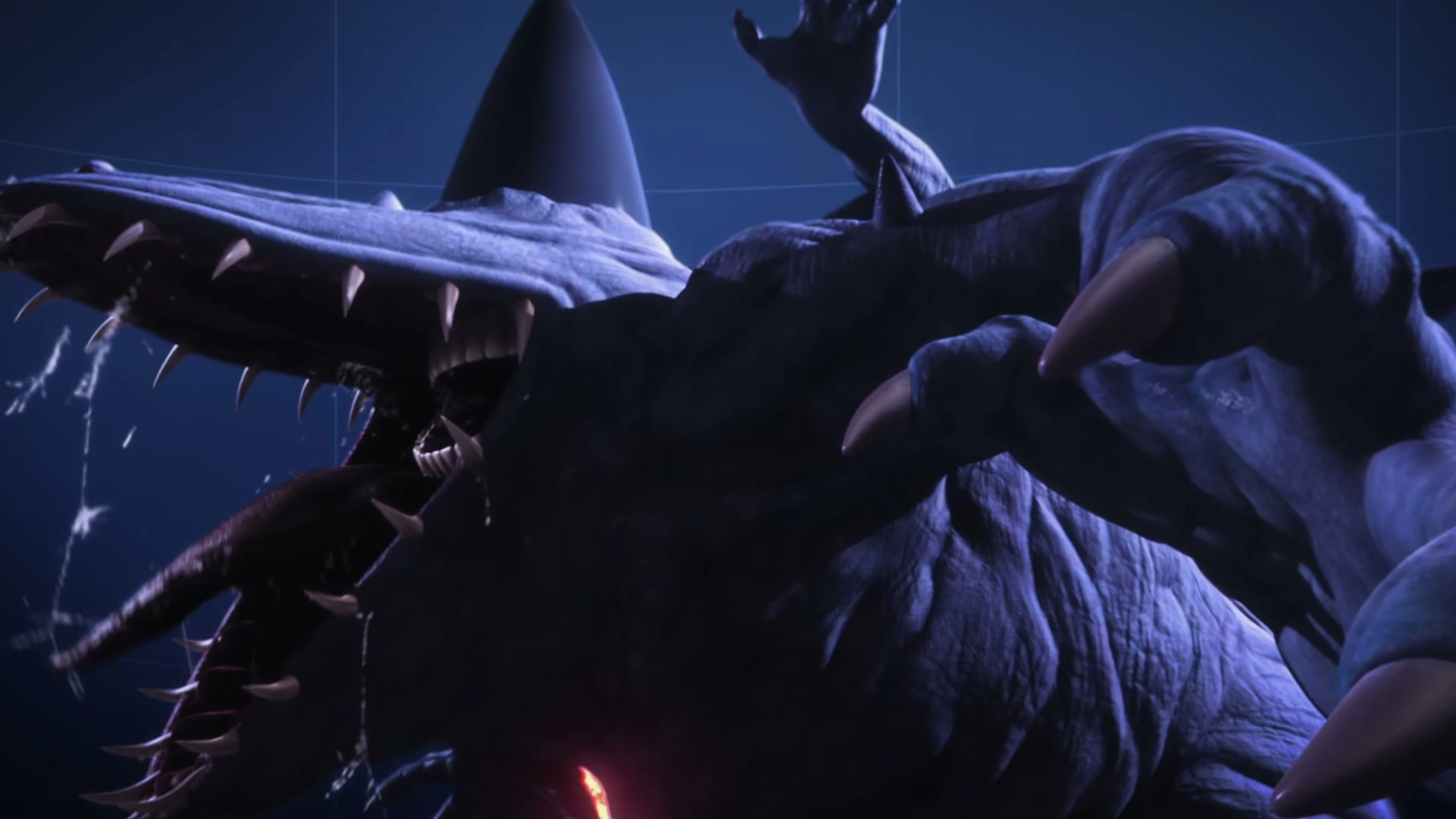 A large horned fantasy creature opens its mouth in the Demons’ Crest trailer.