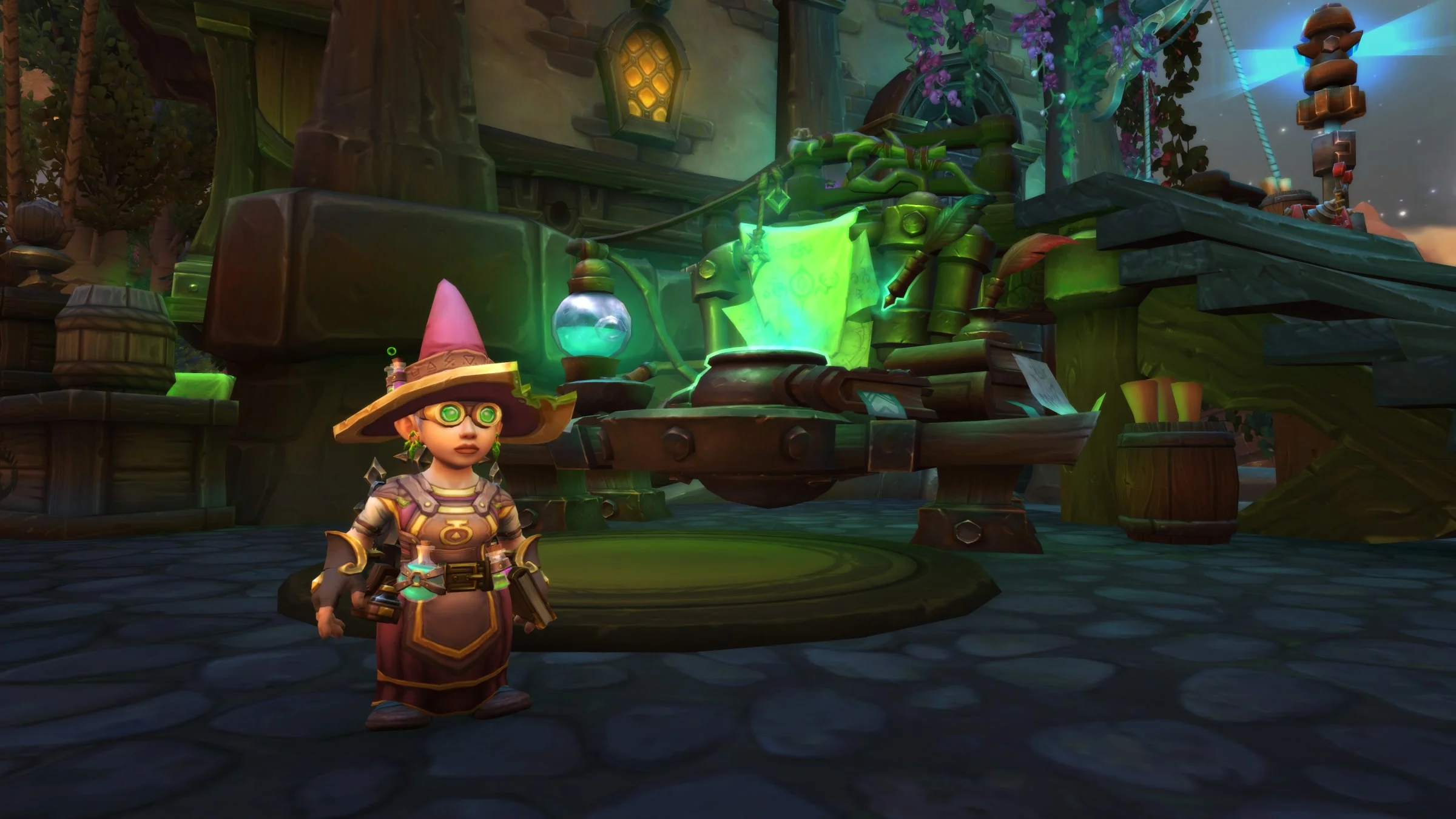A small vendor stands beside green glowing supplies and tools inside a Quillgrave market workshop.