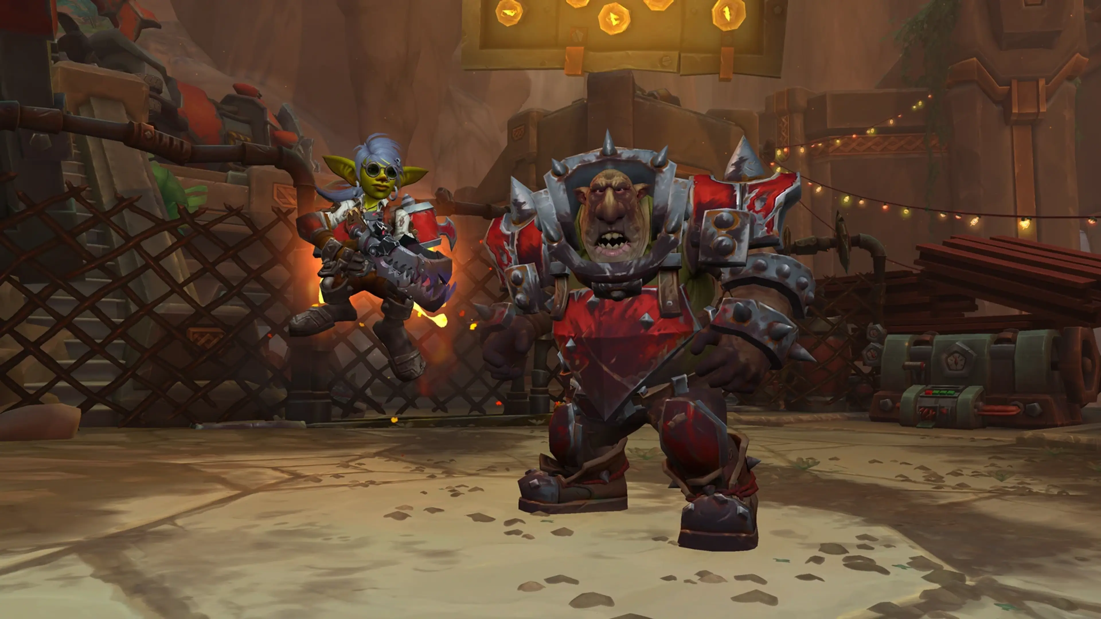 Two goblin enemies prepare for a fight in World of Warcraft’s Operation: Floodgate.