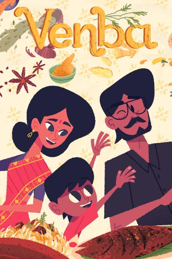 Official Venba cover shows a mother, father and child above South Indian dishes, beneath the game’s native title.