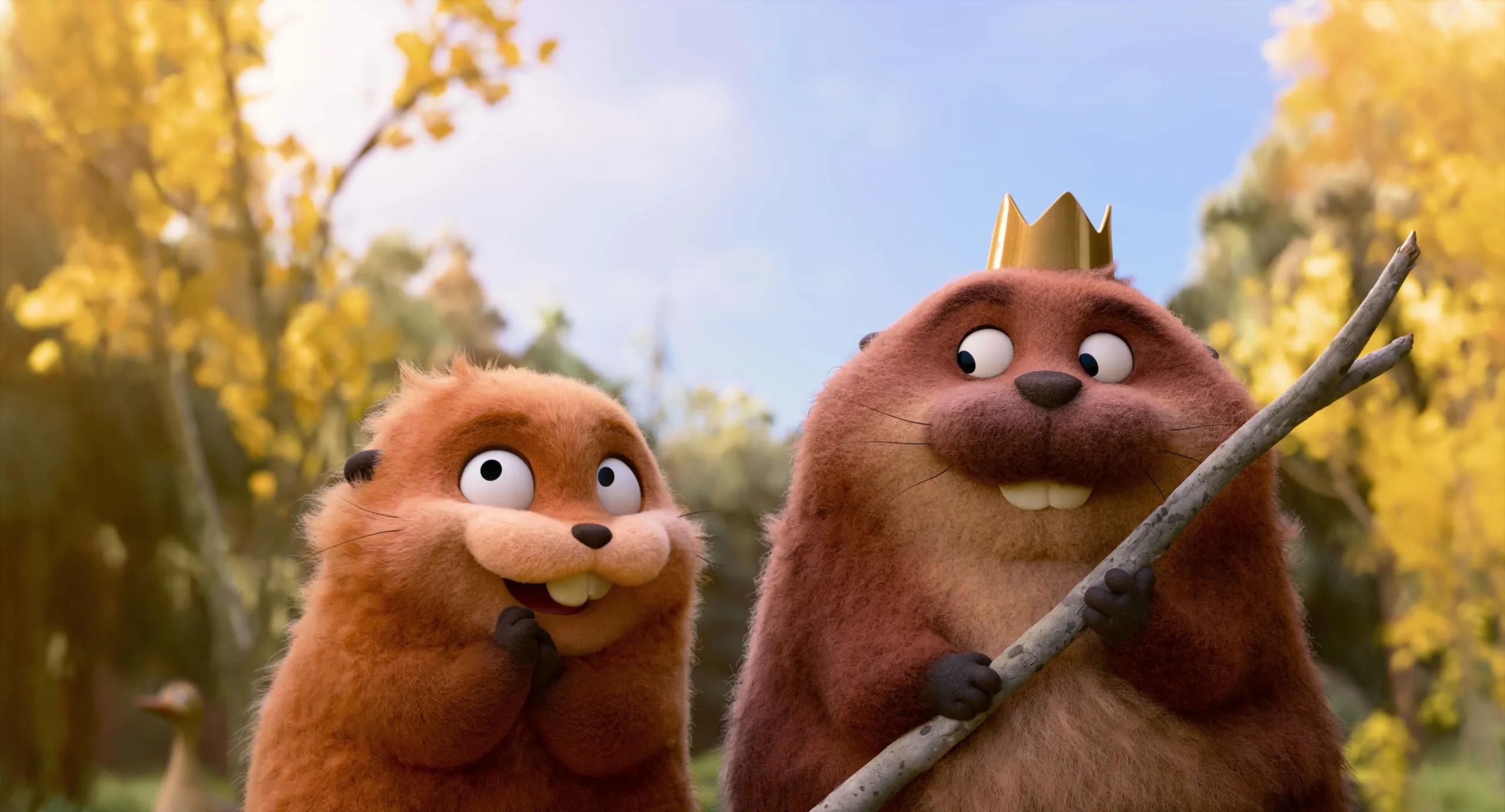 Mabel stands beside King George, a beaver wearing a small crown.