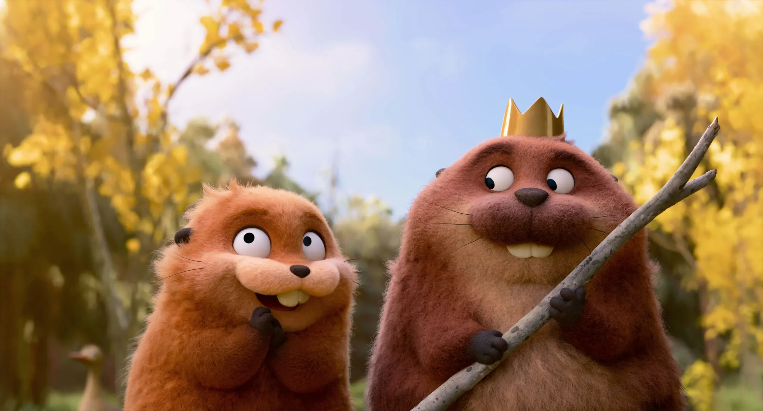 Mabel stands beside King George, a beaver wearing a small crown.