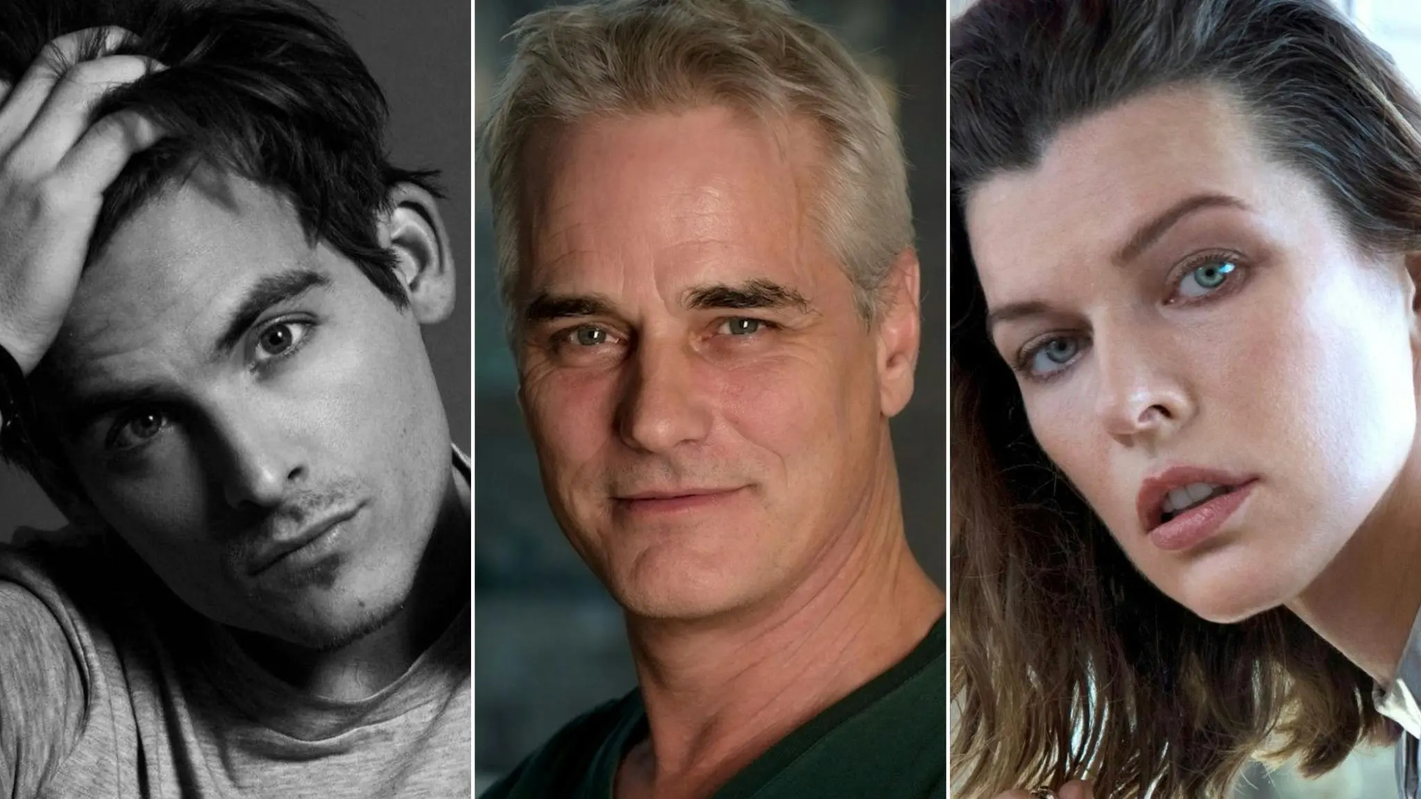 Season 2 cast portraits of Kevin Zegers, Paul Gross and Milla Jovovich, from left to right.