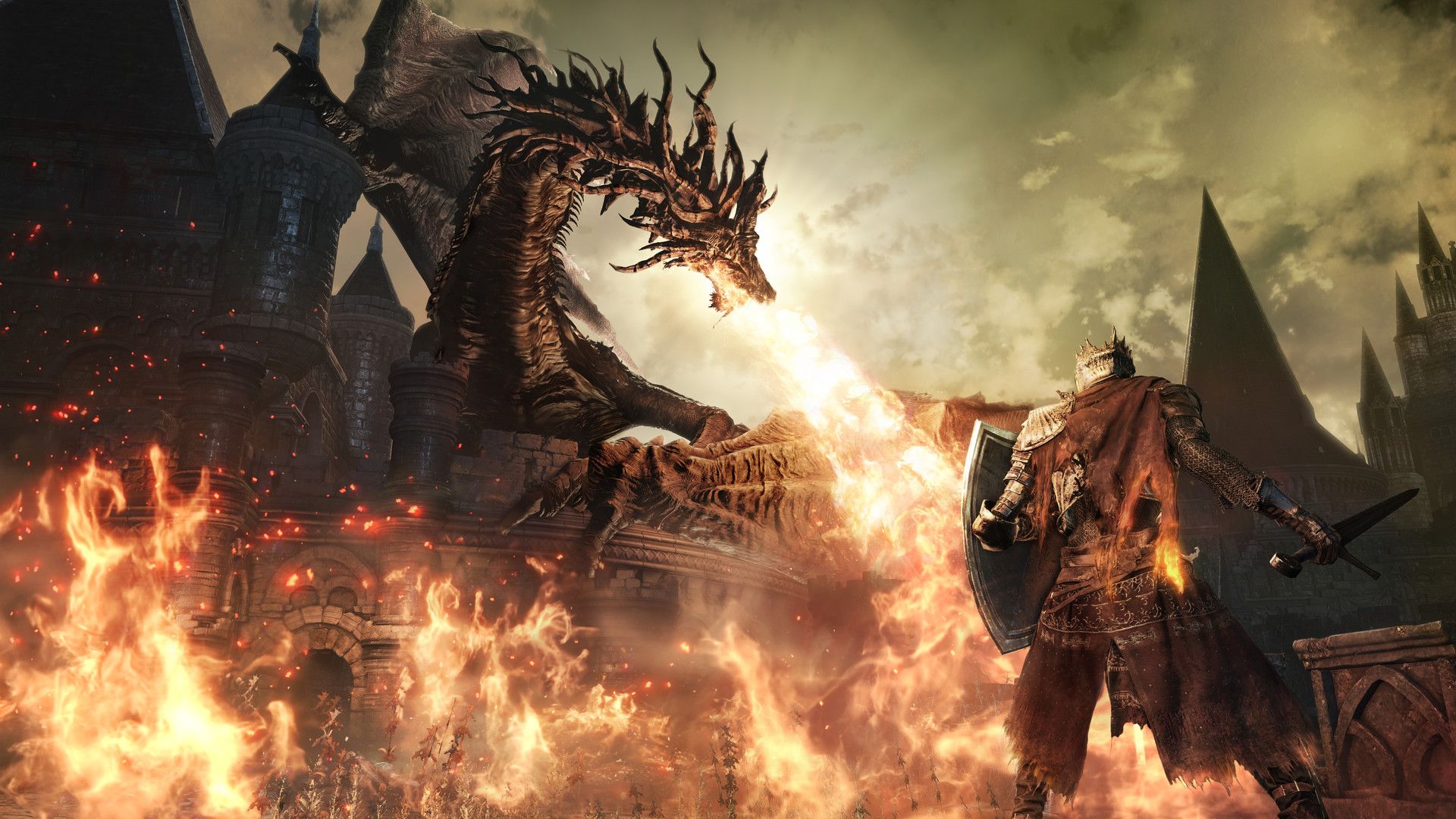 An armoured character faces a huge dragon across a firelit stone courtyard.