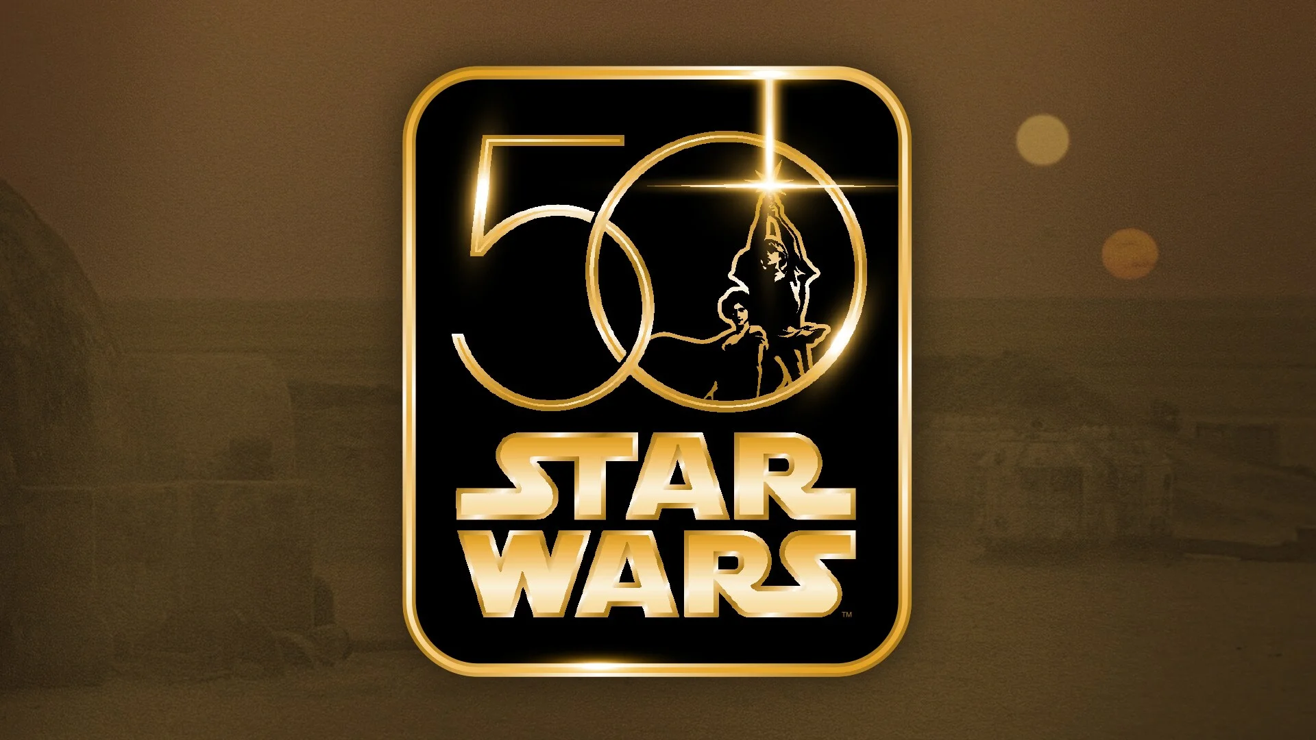A gold Star Wars 50th anniversary logo appears over a desert landscape.