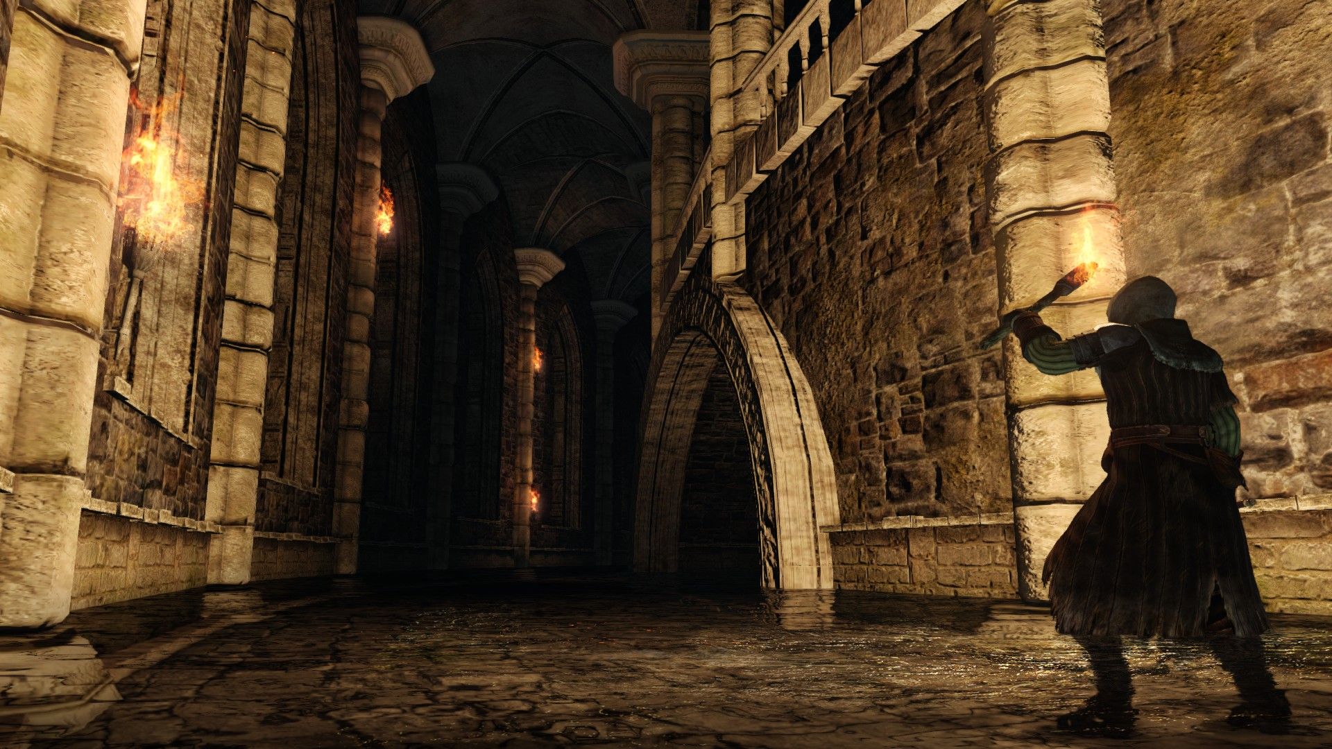 A character explores a dim stone chamber with weapons ready.
