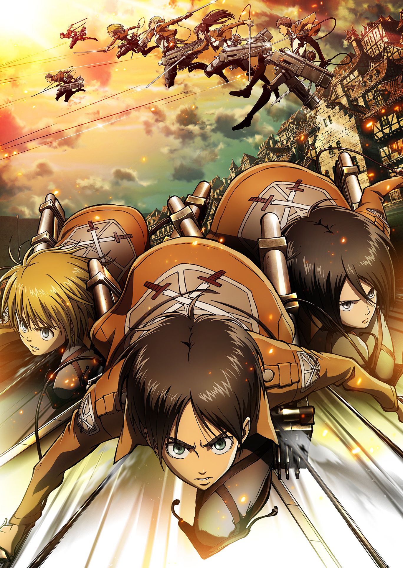 Eren, Mikasa, Armin and Survey Corps soldiers race through a burning city in official Attack on Titan key art.