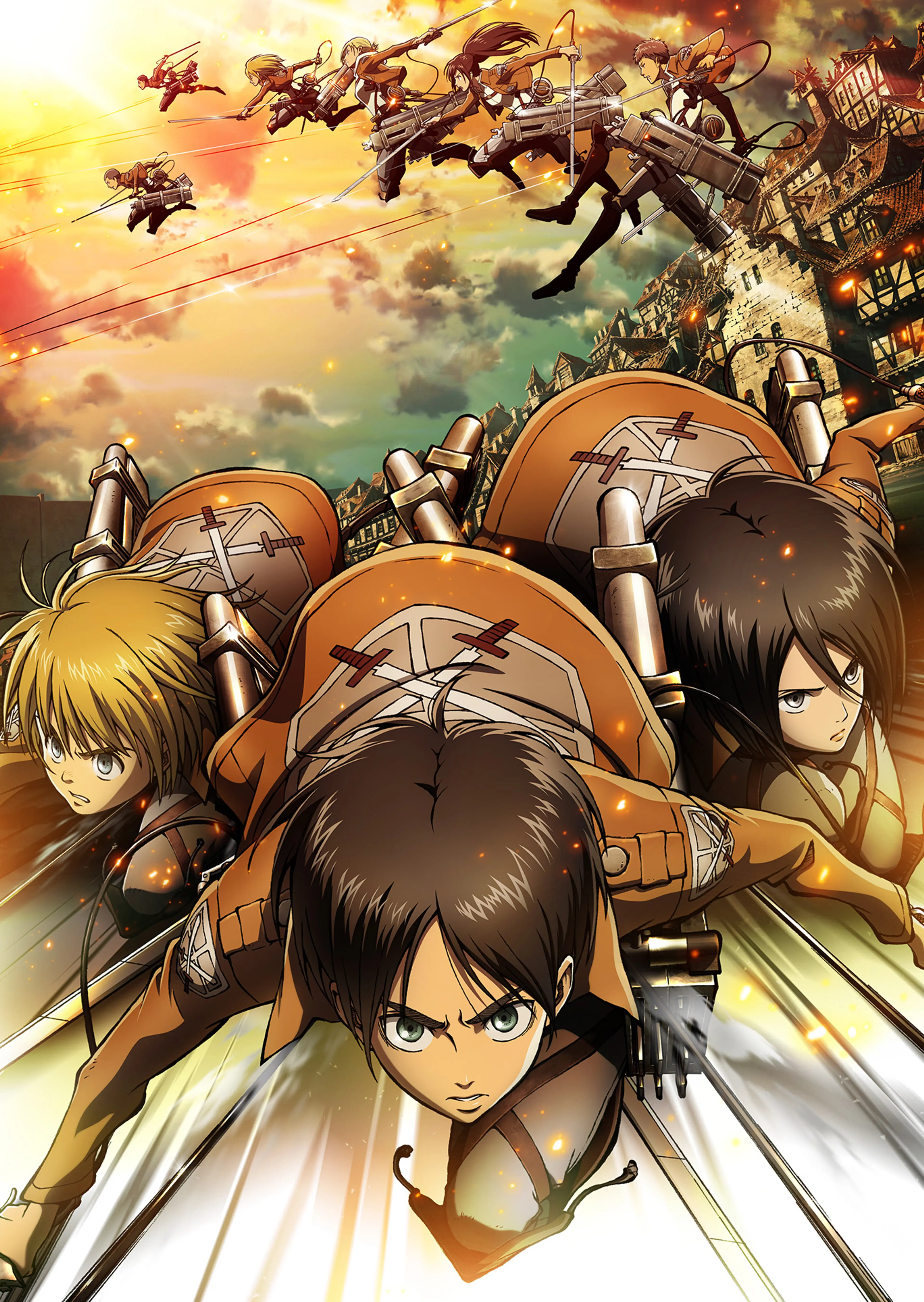 Eren, Mikasa, Armin and Survey Corps soldiers race through a burning city in official Attack on Titan key art.
