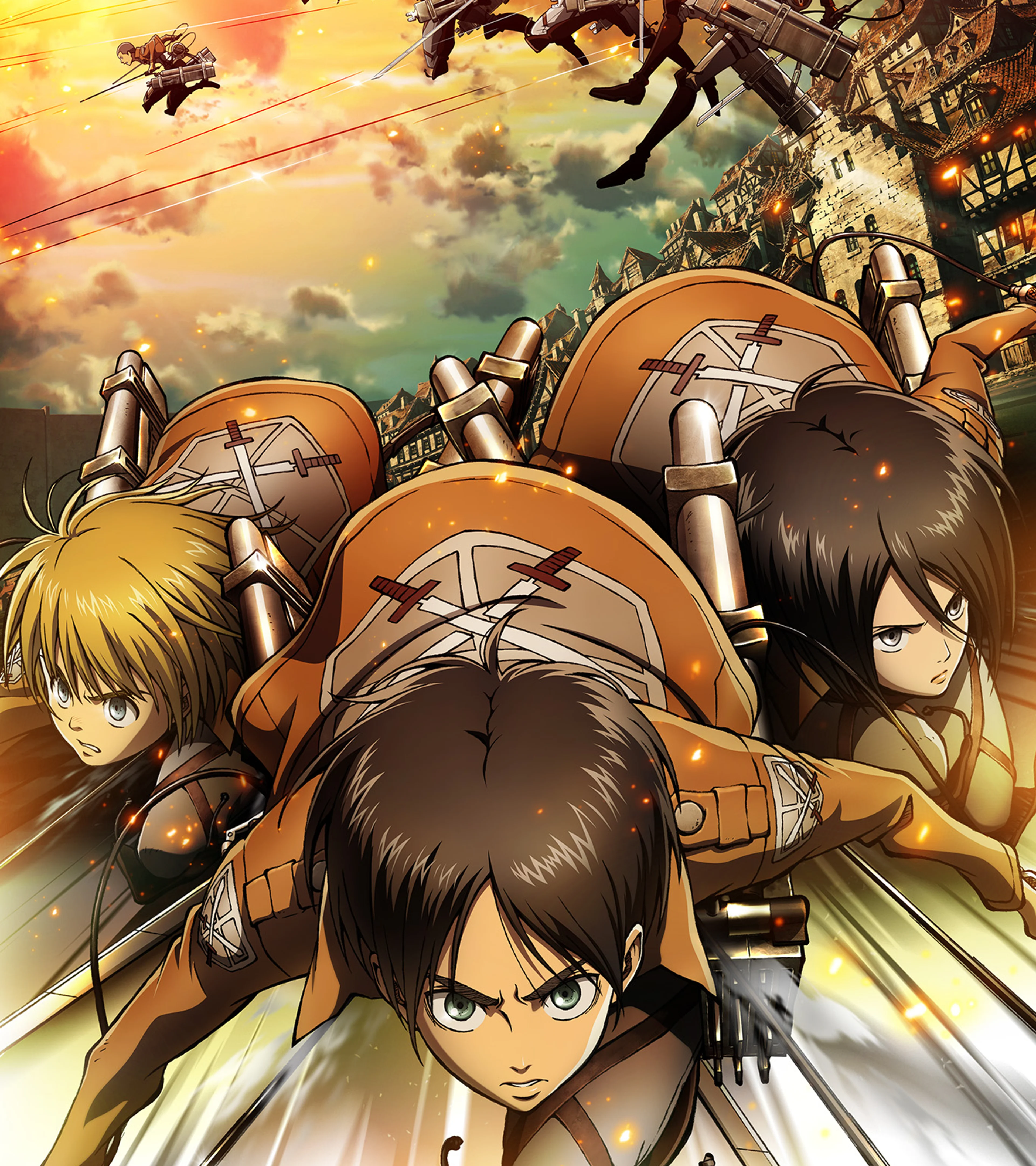 Eren, Mikasa, Armin and Survey Corps soldiers race through a burning city in official Attack on Titan key art.