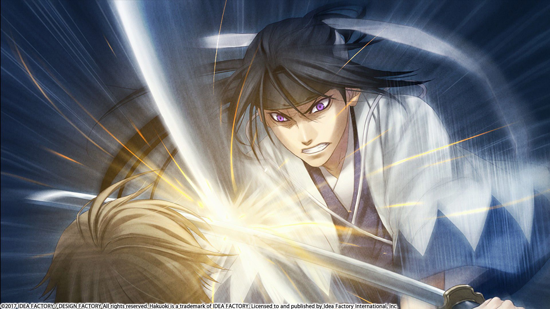 A swordsman raises his blade during an action scene in Hakuoki: Kyoto Winds.
