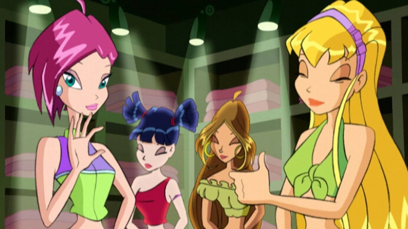 Tecna, Musa, Flora, and Stella together at Alfea.