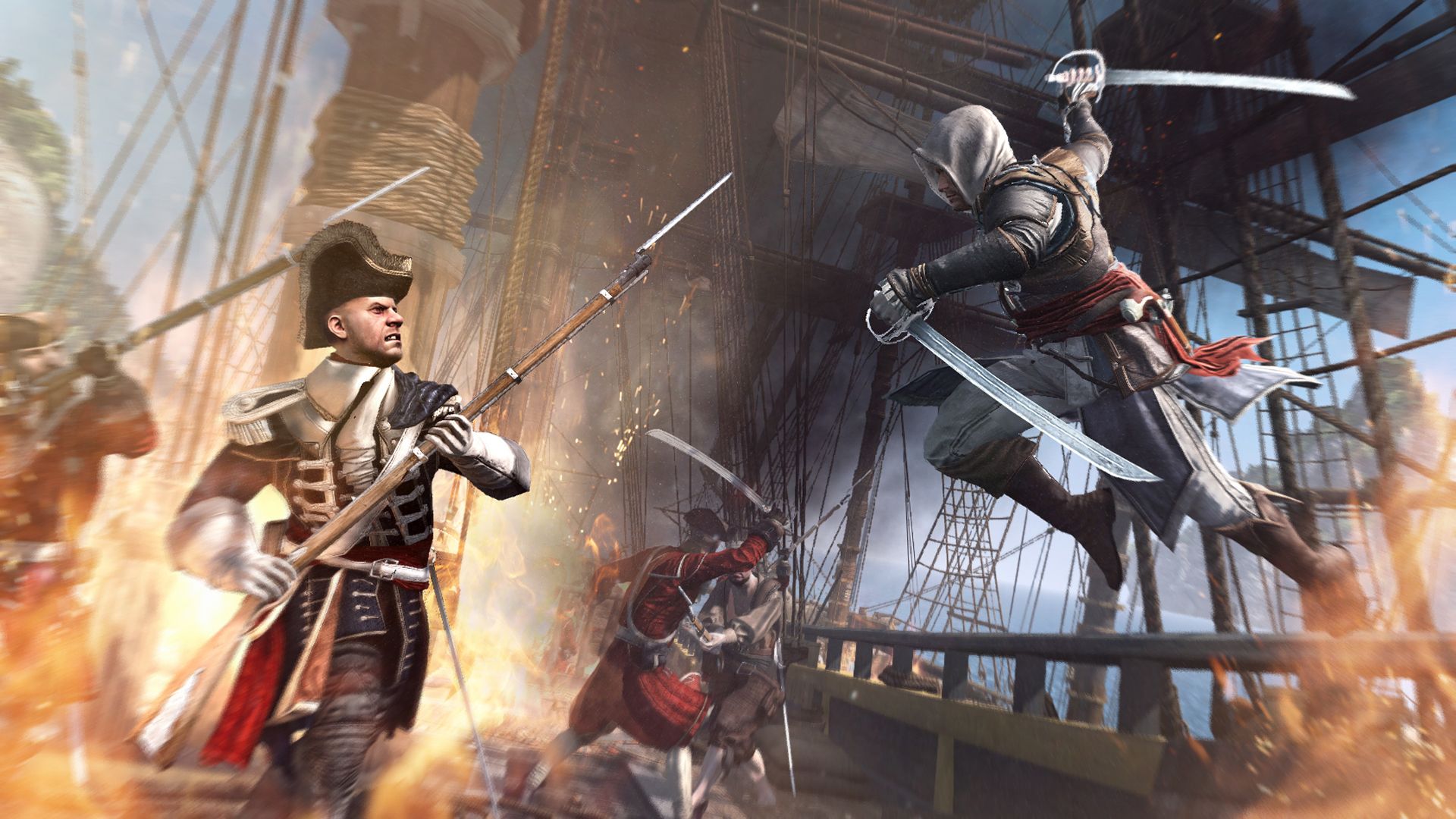 Edward Kenway fights near a ship’s rigging and a red-coated soldier.