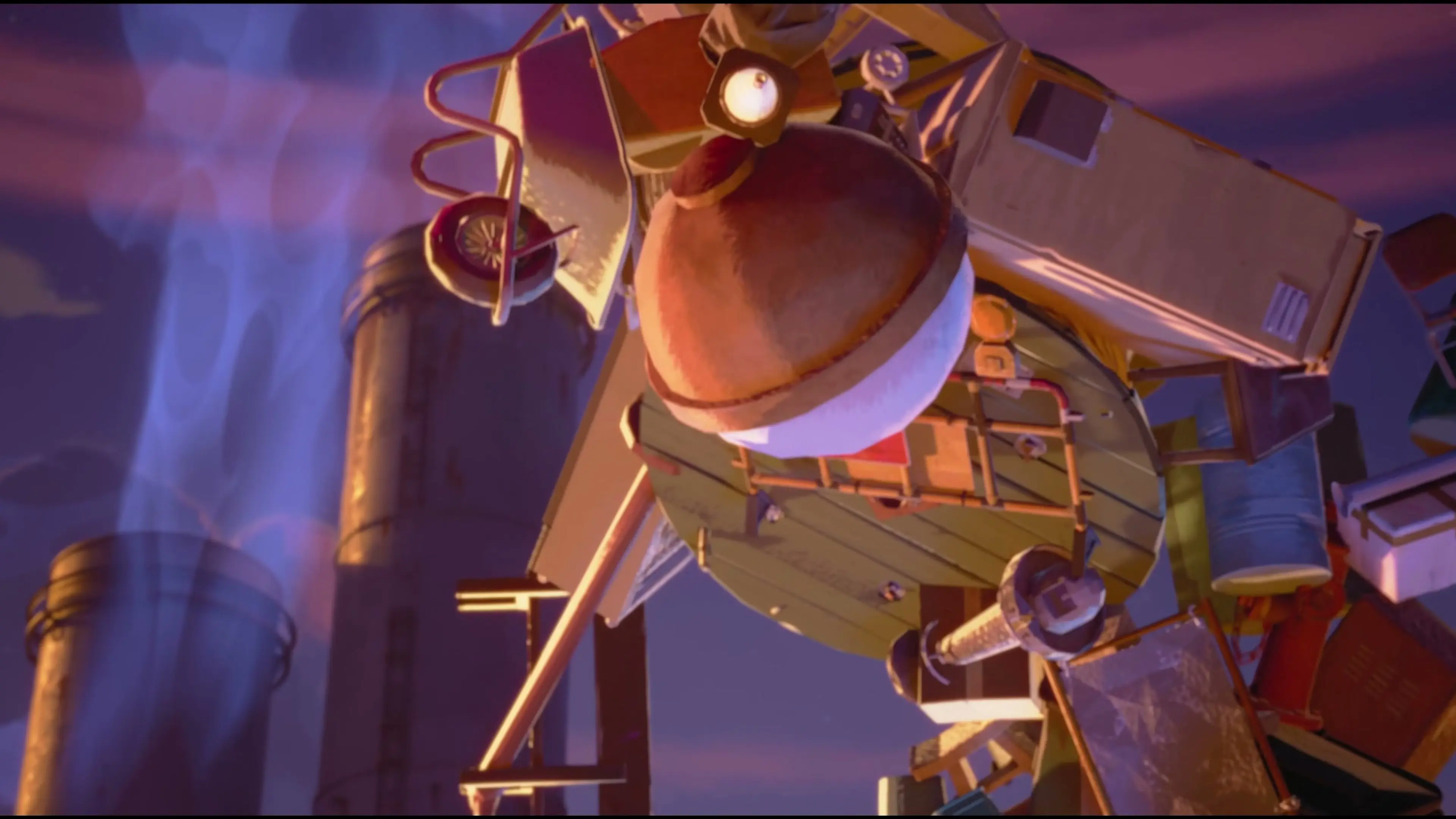 A towering KEMURI yokai built from vehicles, pipes and discarded machinery.