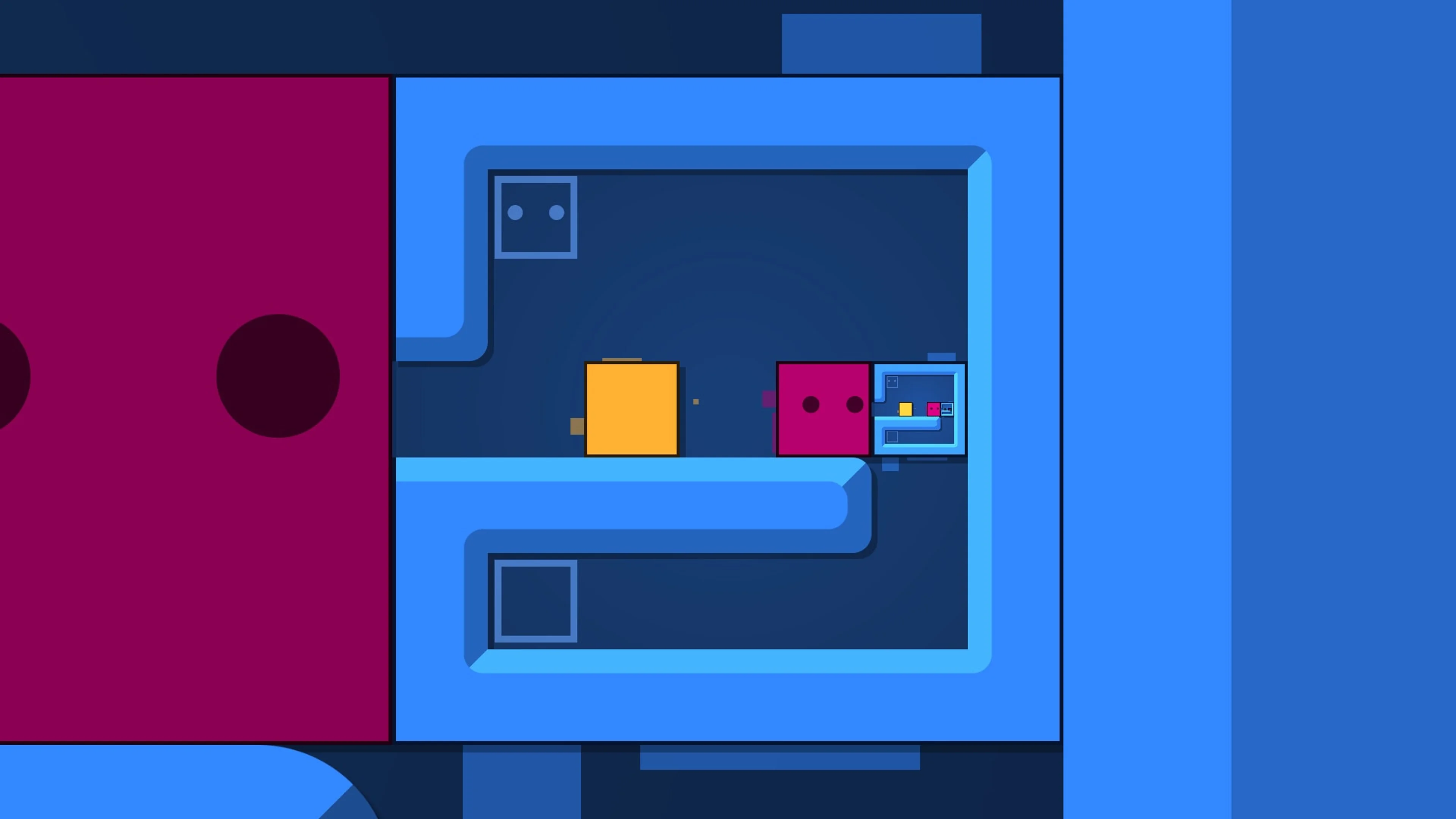 Colored boxes sit inside nested blue puzzle spaces in Patrick's Parabox.
