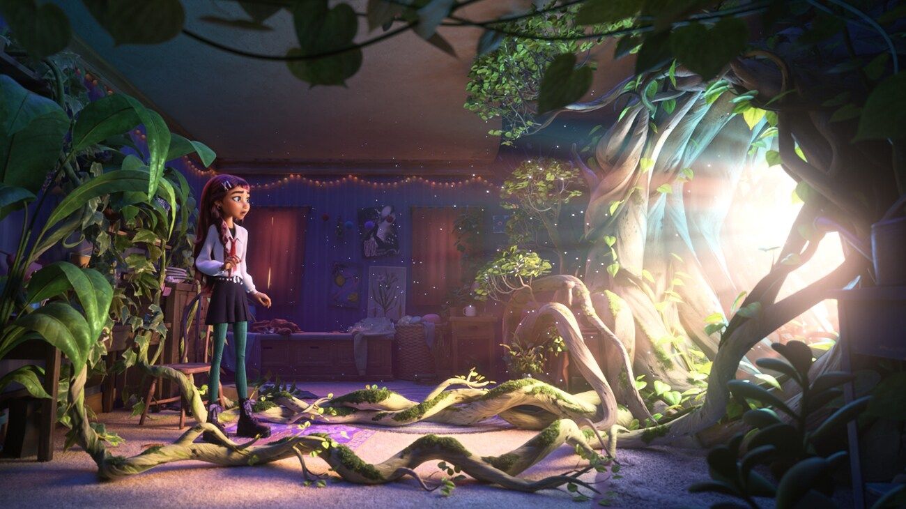 Billie sits in her bedroom, surrounded by plants growing across the walls.