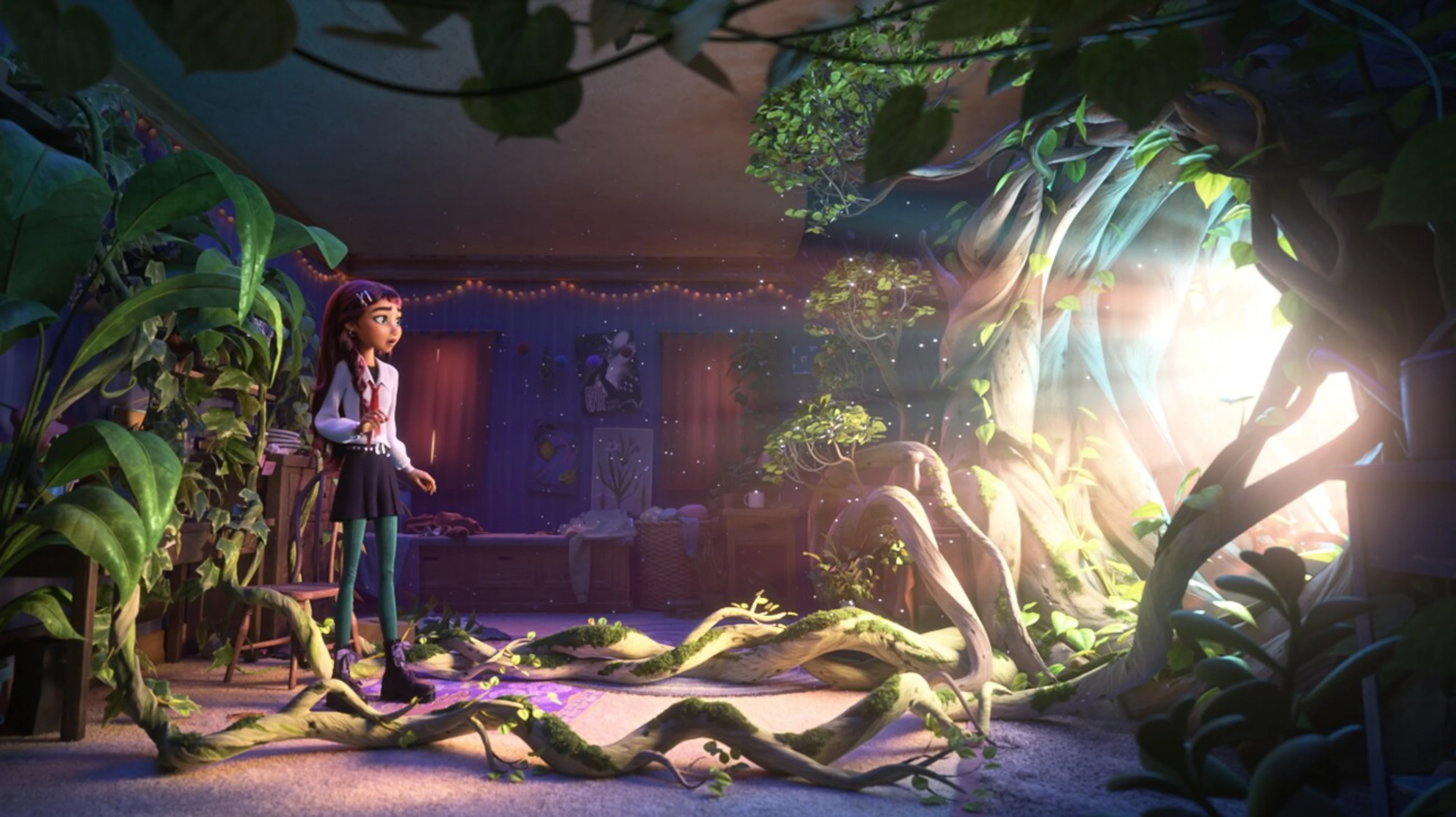 Billie sits in her bedroom, surrounded by plants growing across the walls.