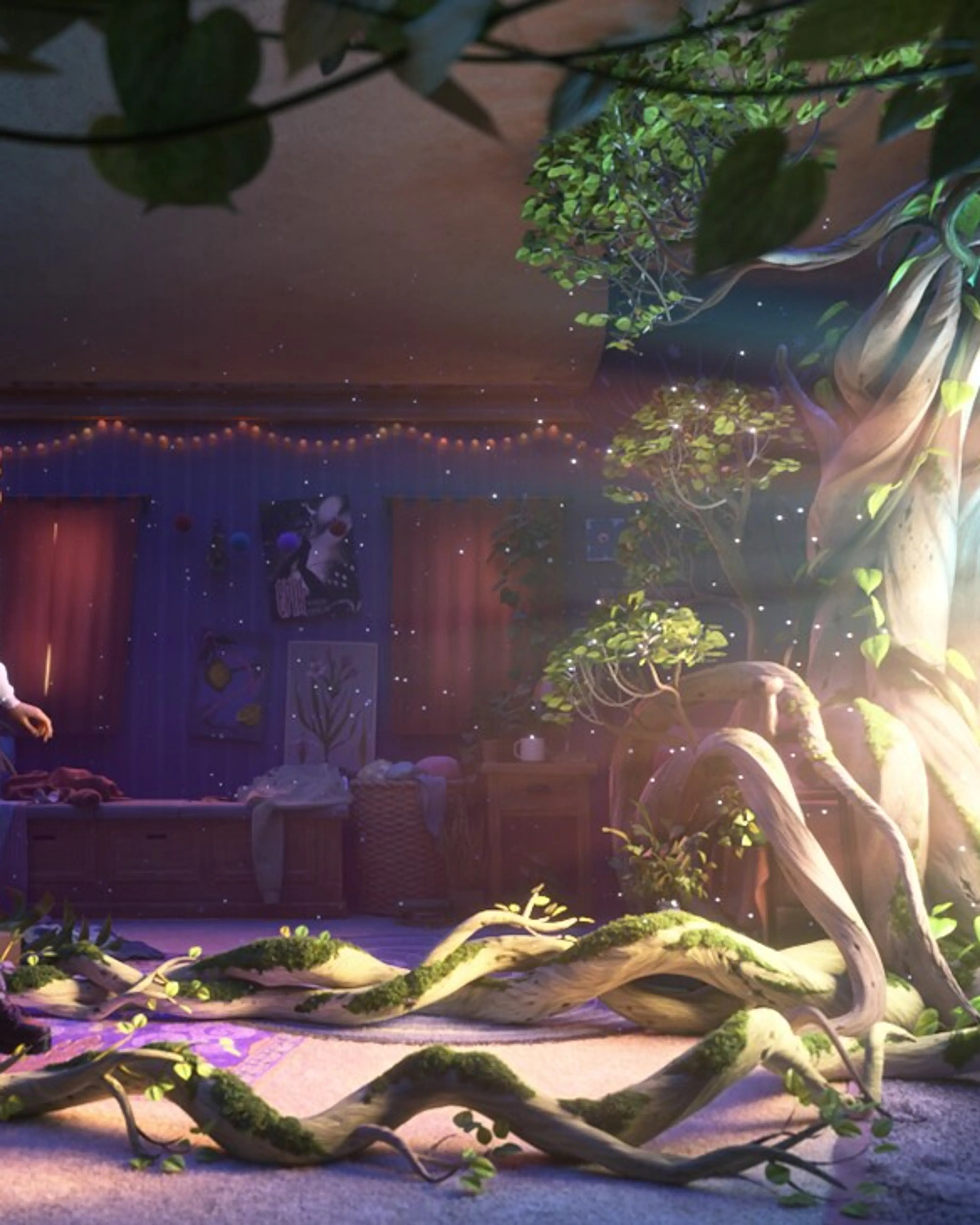 Billie sits in her bedroom, surrounded by plants growing across the walls.