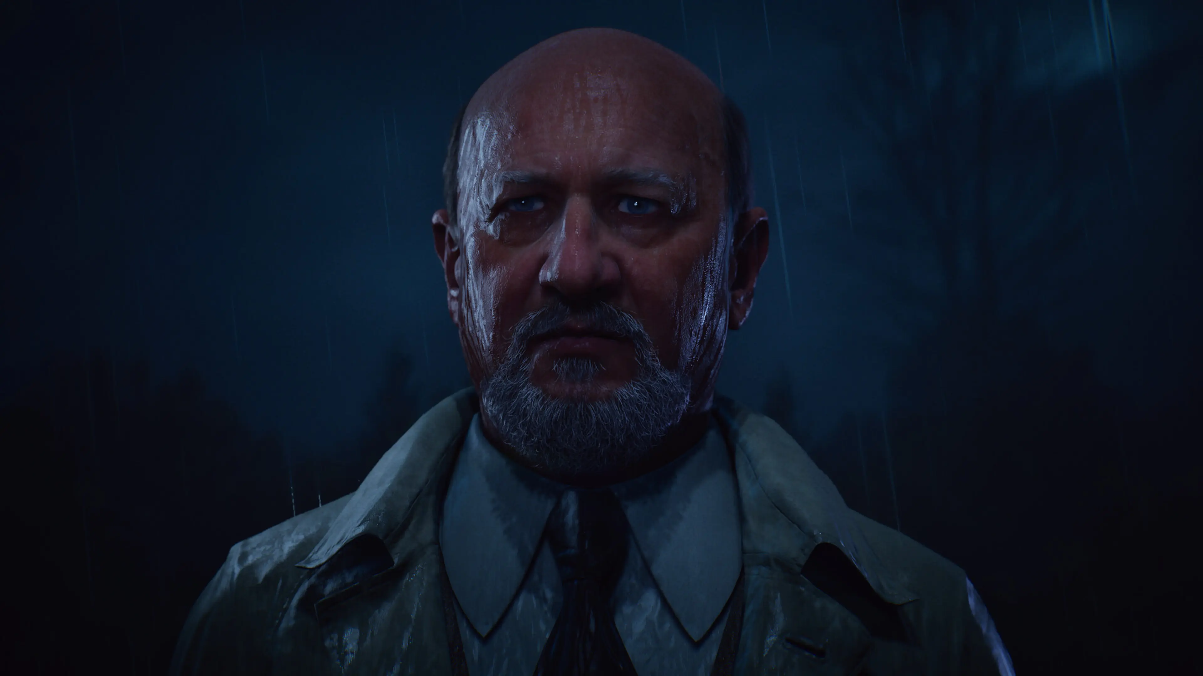 Dr. Samuel Loomis looks ahead in heavy rain in Halloween: The Game.