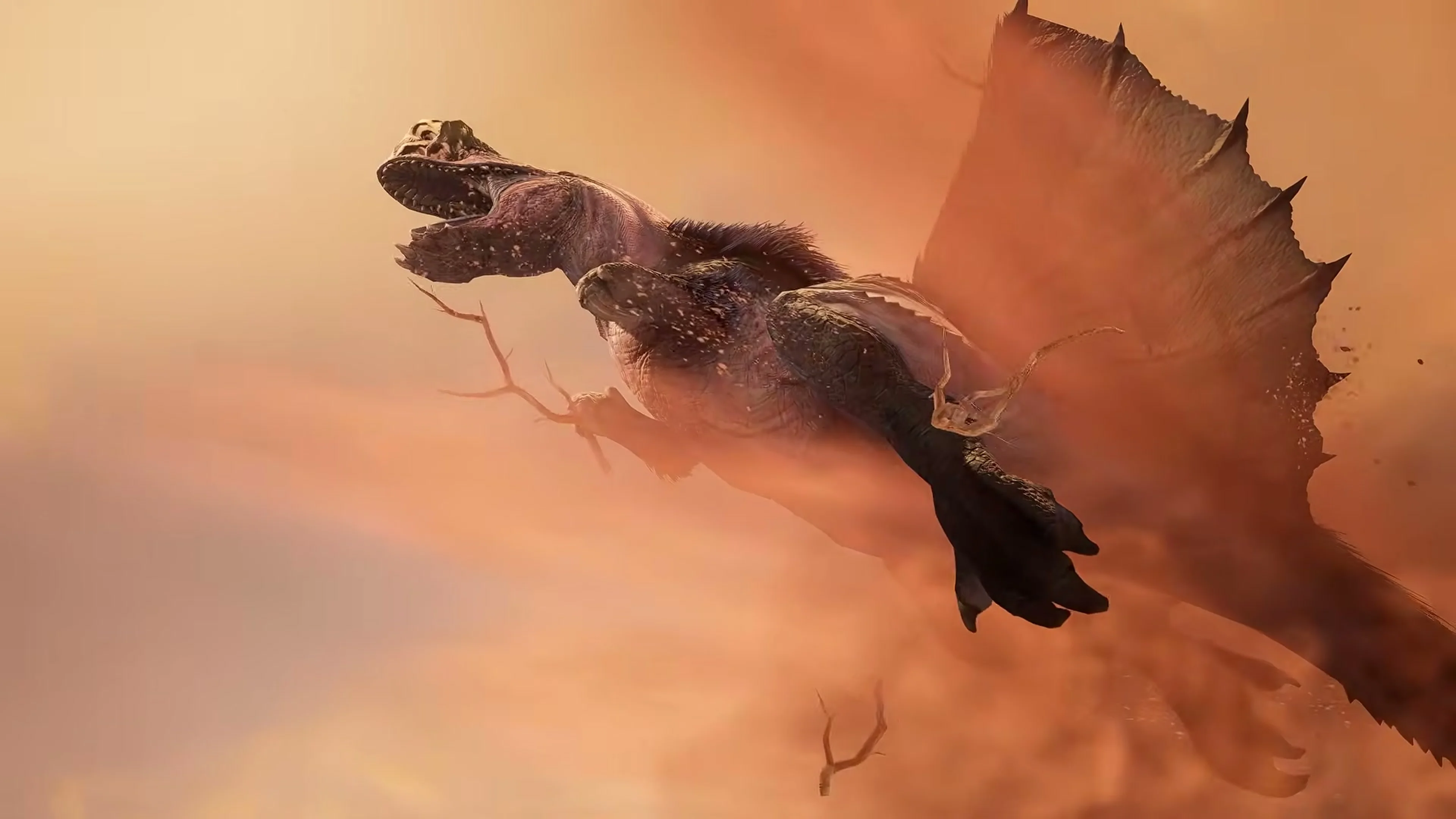 A winged monster flies through an orange desert sky in Monster Hunter Outlanders.