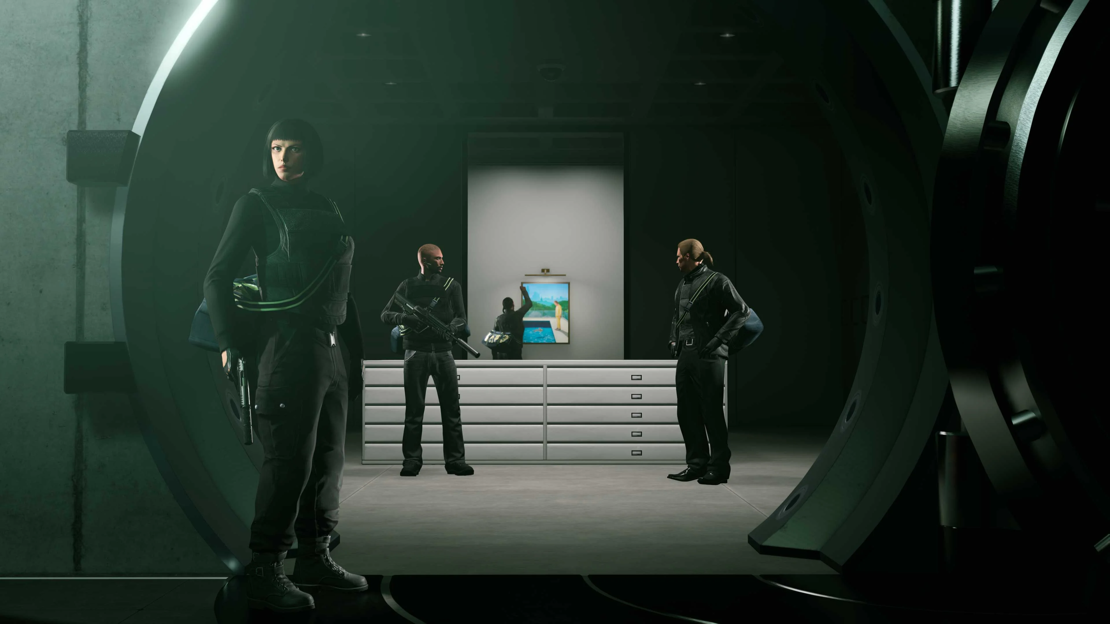 Players open a secured vault during the GTA Online Kortz Center Heist.