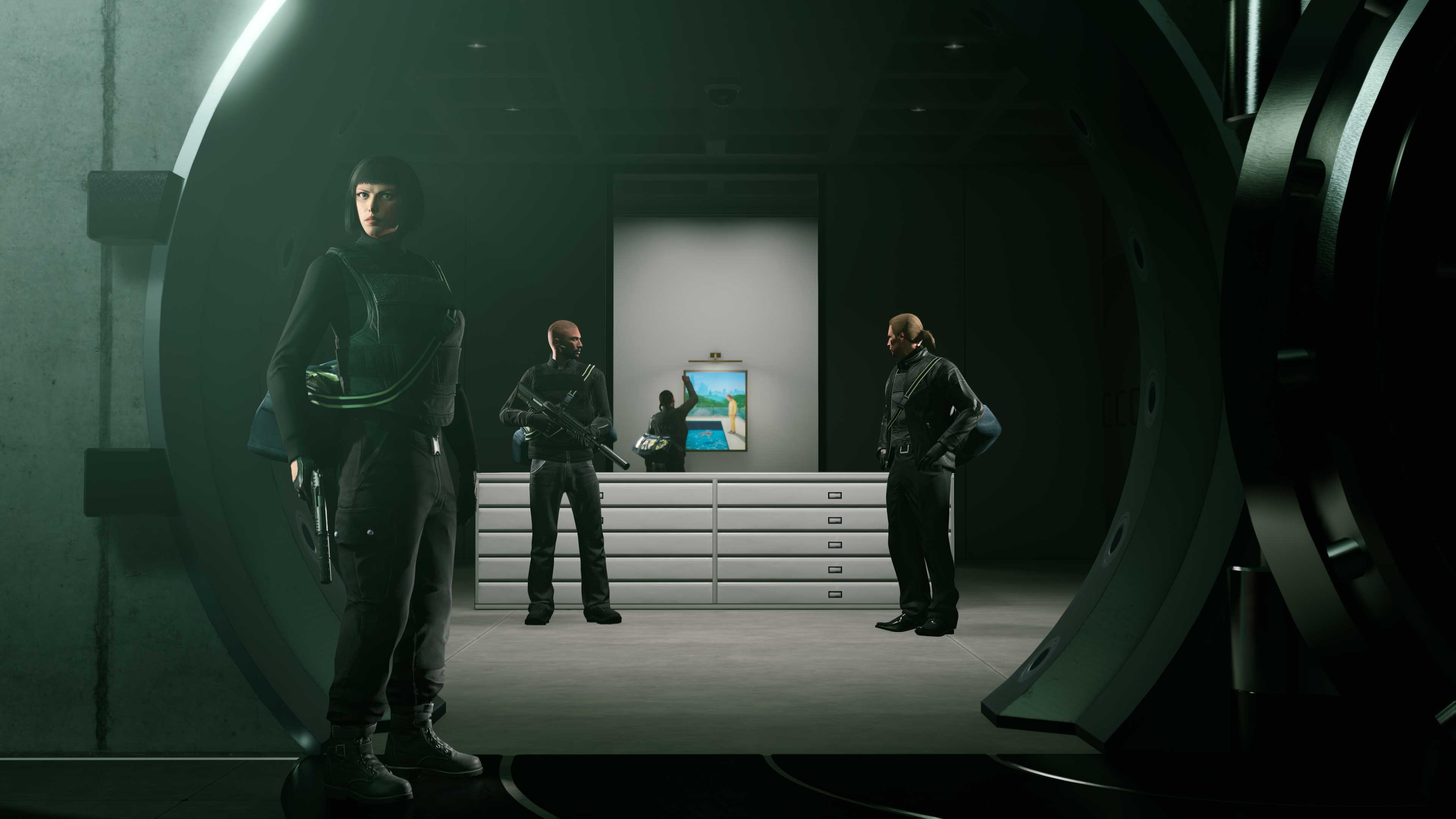 Four GTA Online players work inside a secured vault during a robbery.