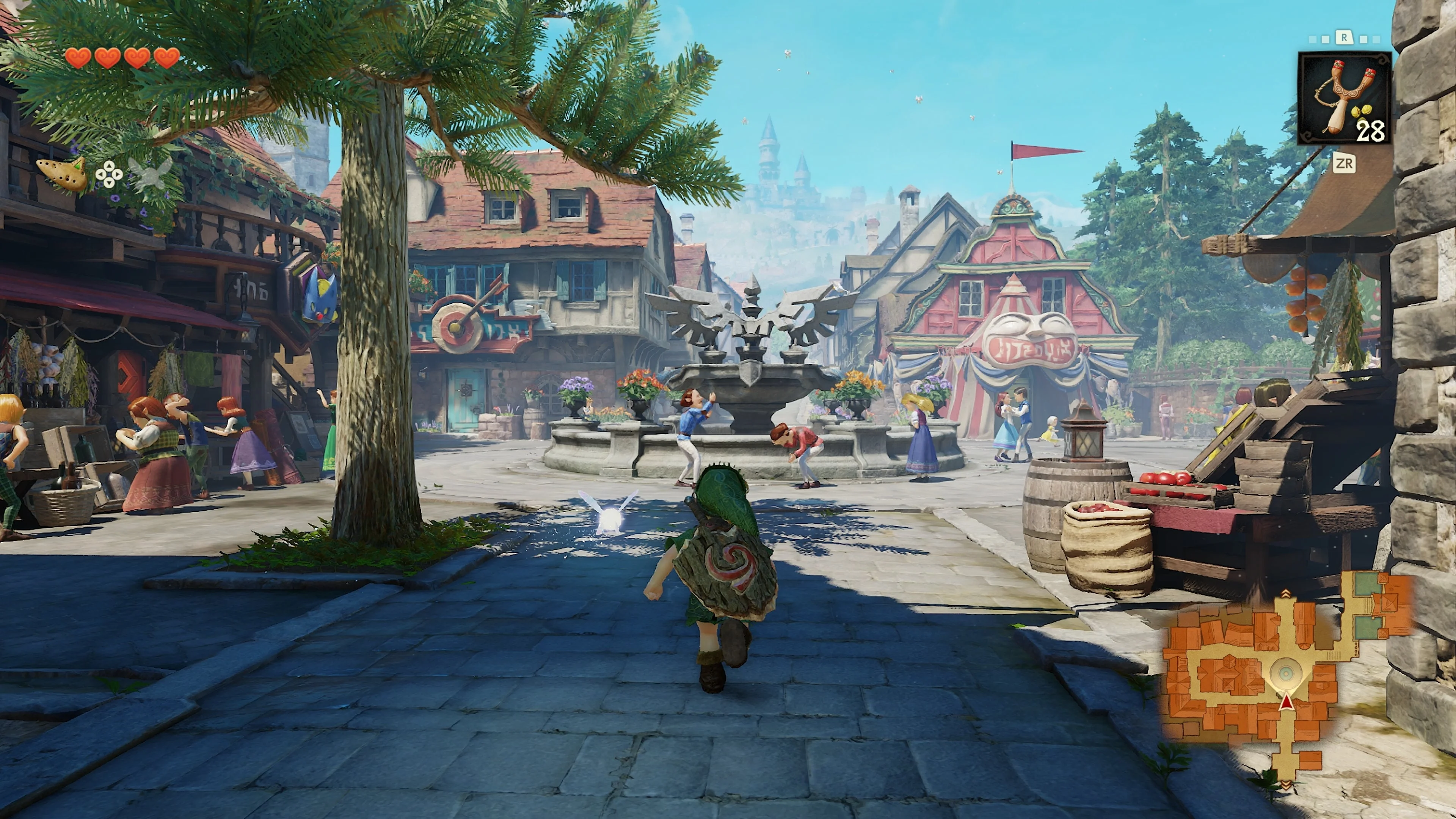 Young Link walks through the rebuilt Castle Town among residents and market stalls.