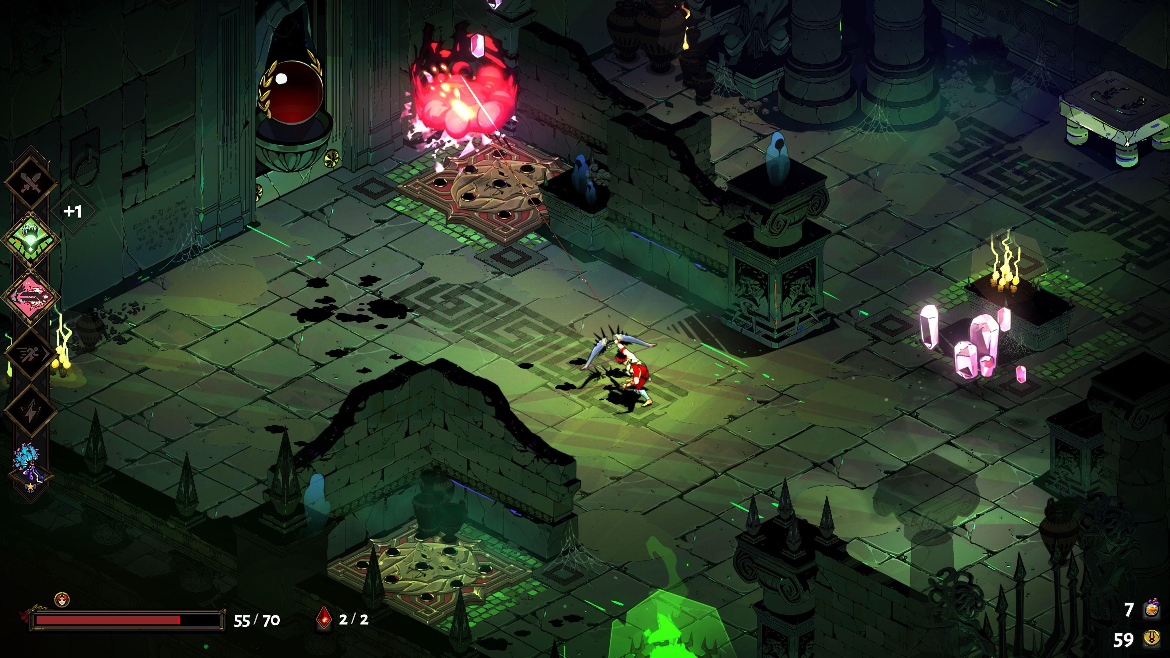Zagreus uses a bow in a chamber while health and Boon icons appear on screen.