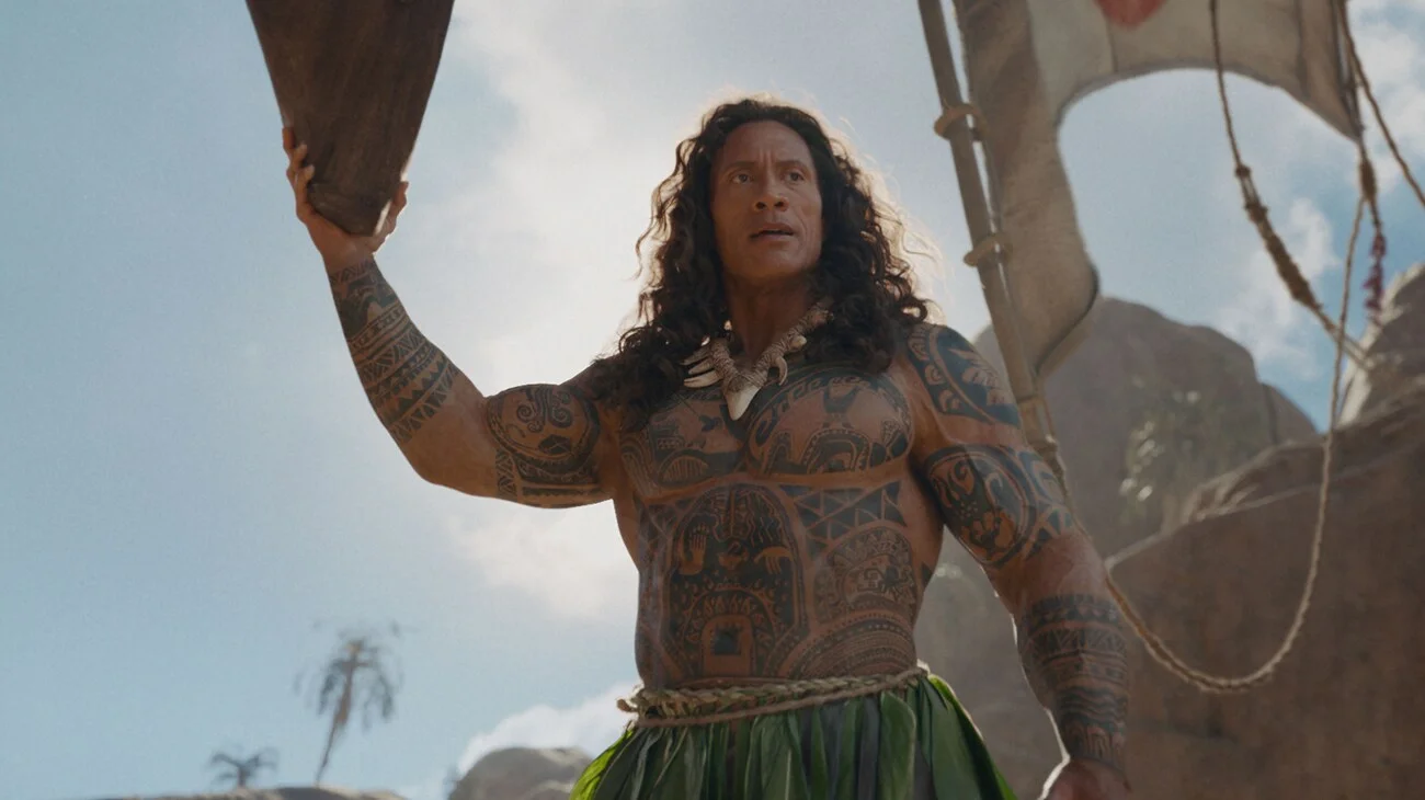 Dwayne Johnson as Maui on the boat in live-action Moana.
