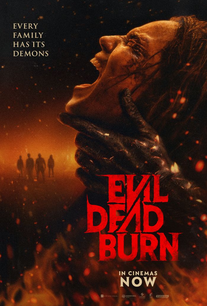 Official Evil Dead Burn poster with a screaming woman, a hand around her throat and the red film title.