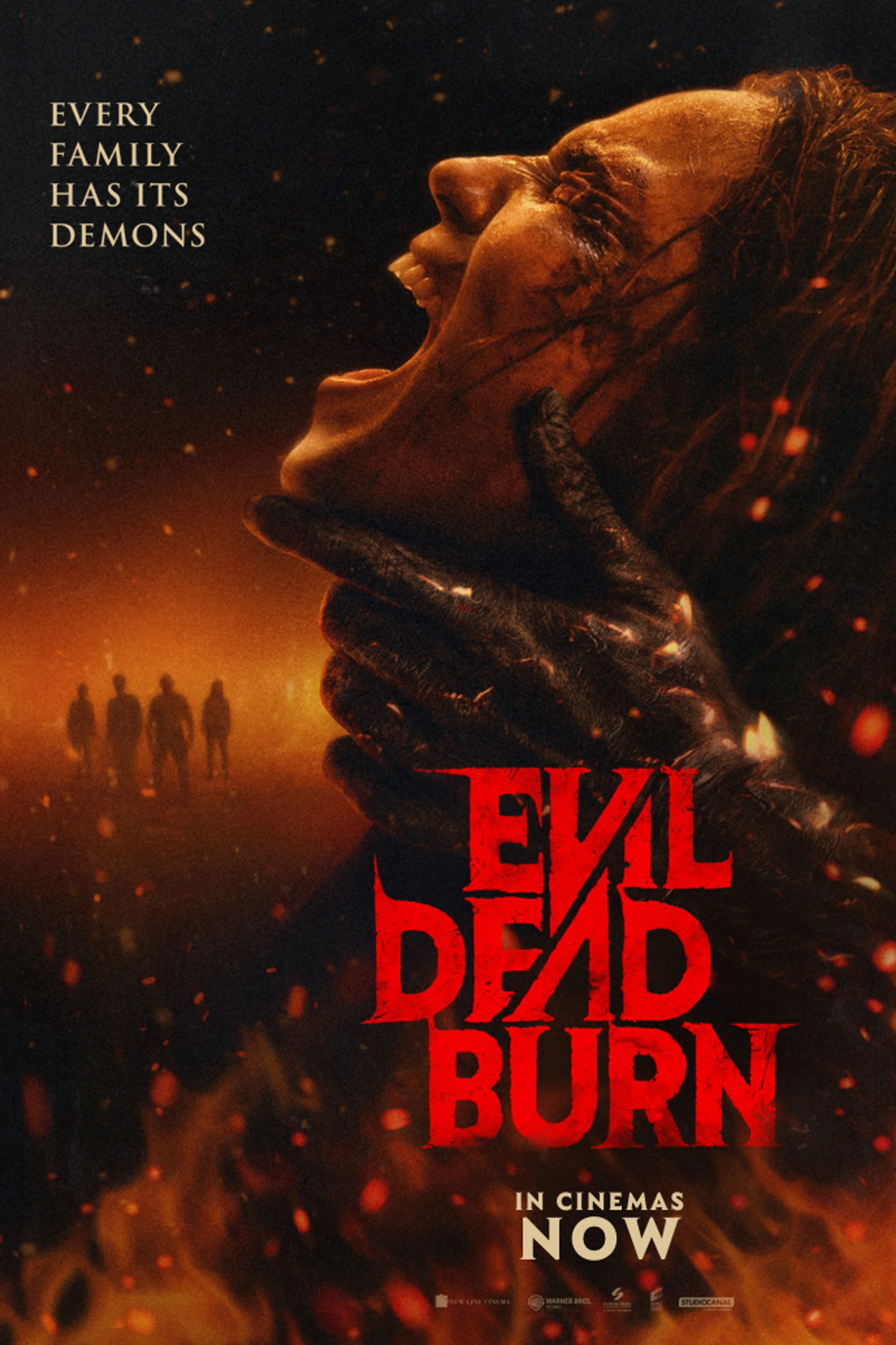 Official Evil Dead Burn poster with a screaming woman, a hand around her throat and the red film title.