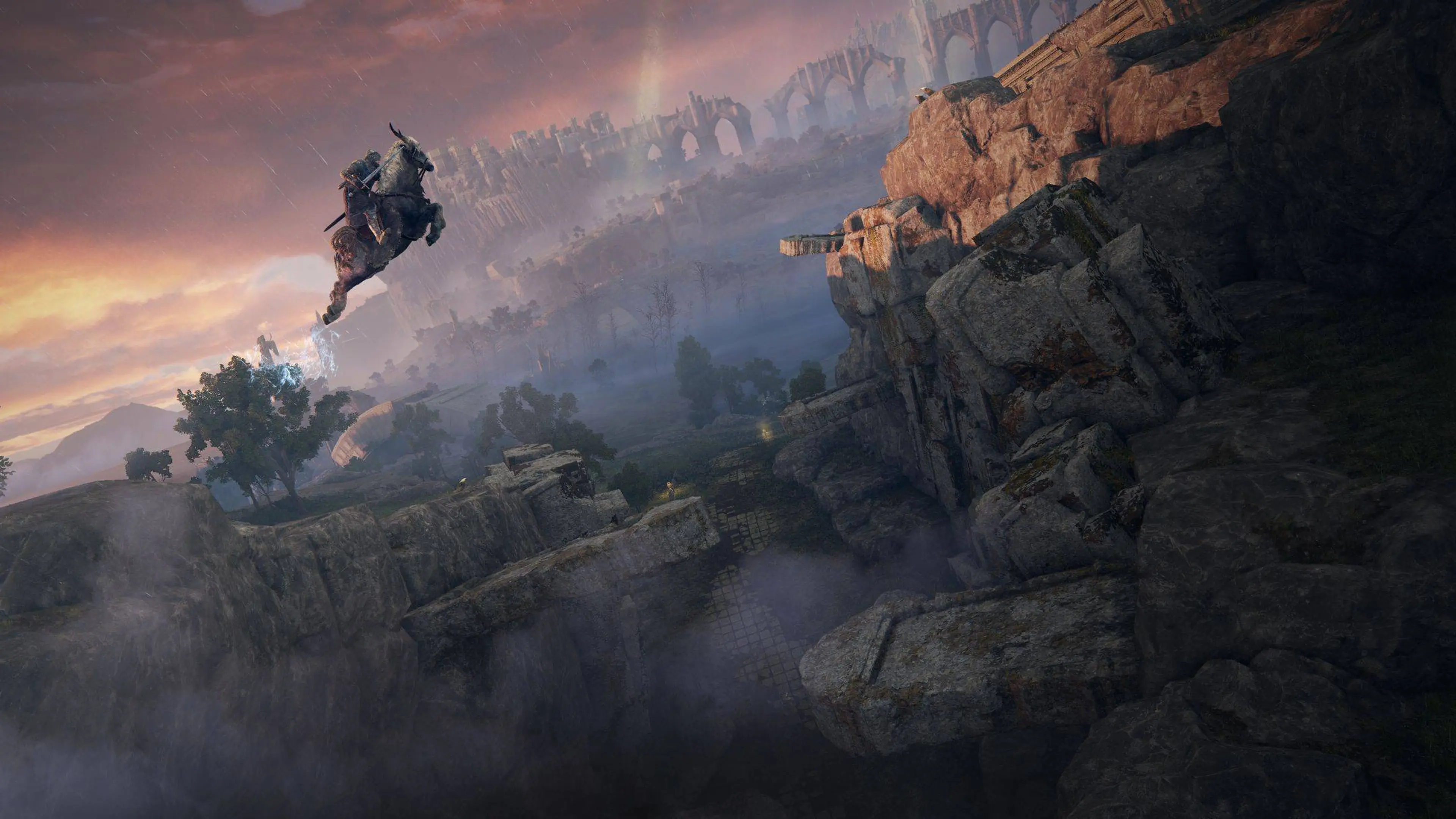 The Tarnished and Torrent leap across a rocky gap beneath ruined arches in Elden Ring.