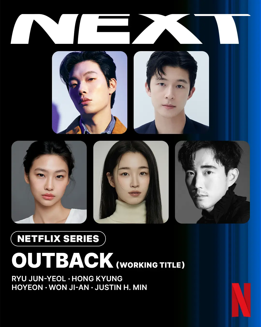 Official Netflix Outback cast graphic showing Ryu Jun-yeol, Hong Kyung, HOYEON, Won Ji-an and Justin H. Min.