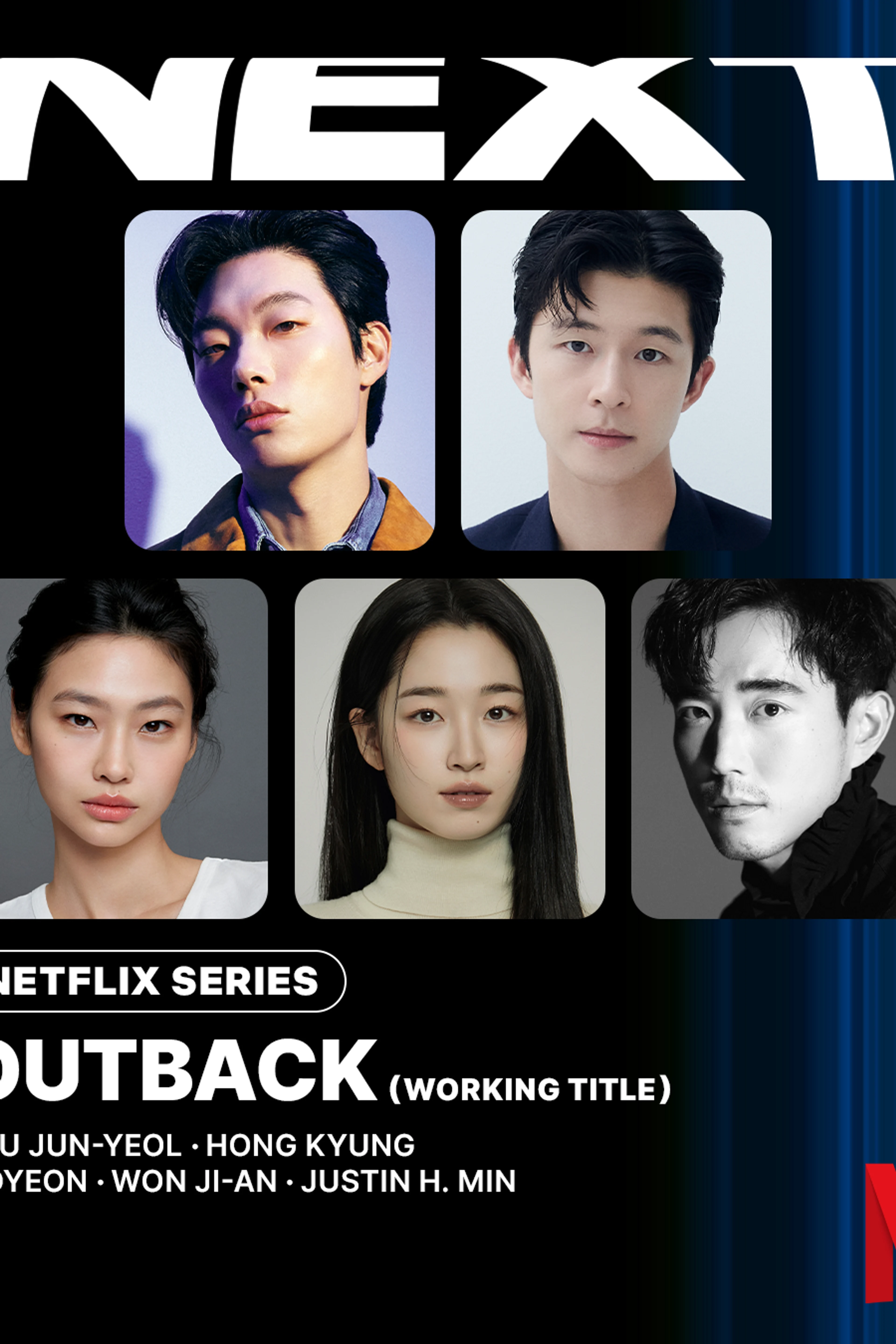 Official Netflix Outback working-title graphic featuring Ryu Jun-yeol, Hong Kyung, HOYEON, Won Ji-an and Justin H. Min.