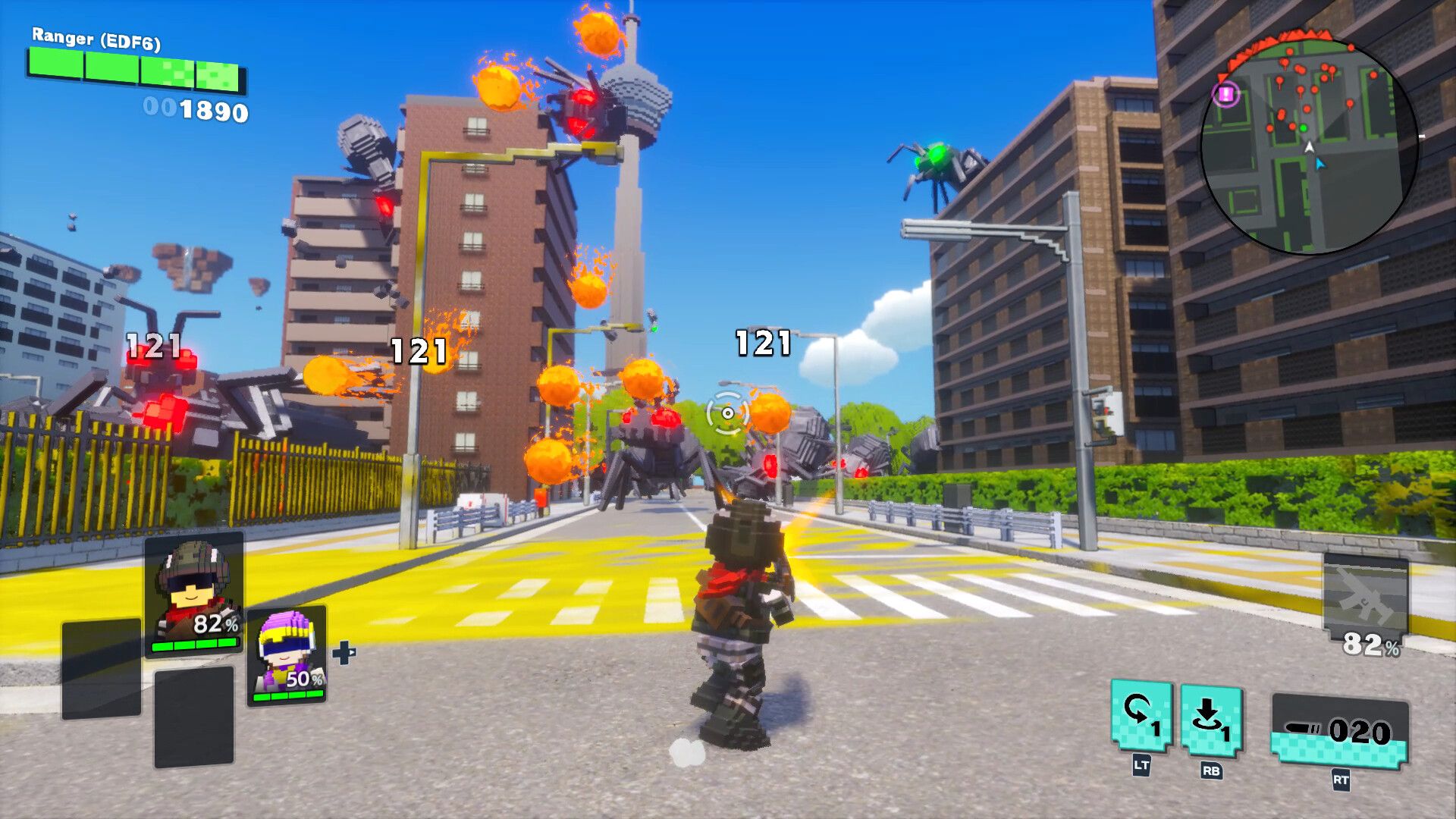 An EDF soldier attacks enemies on a city street in World Brothers 2.