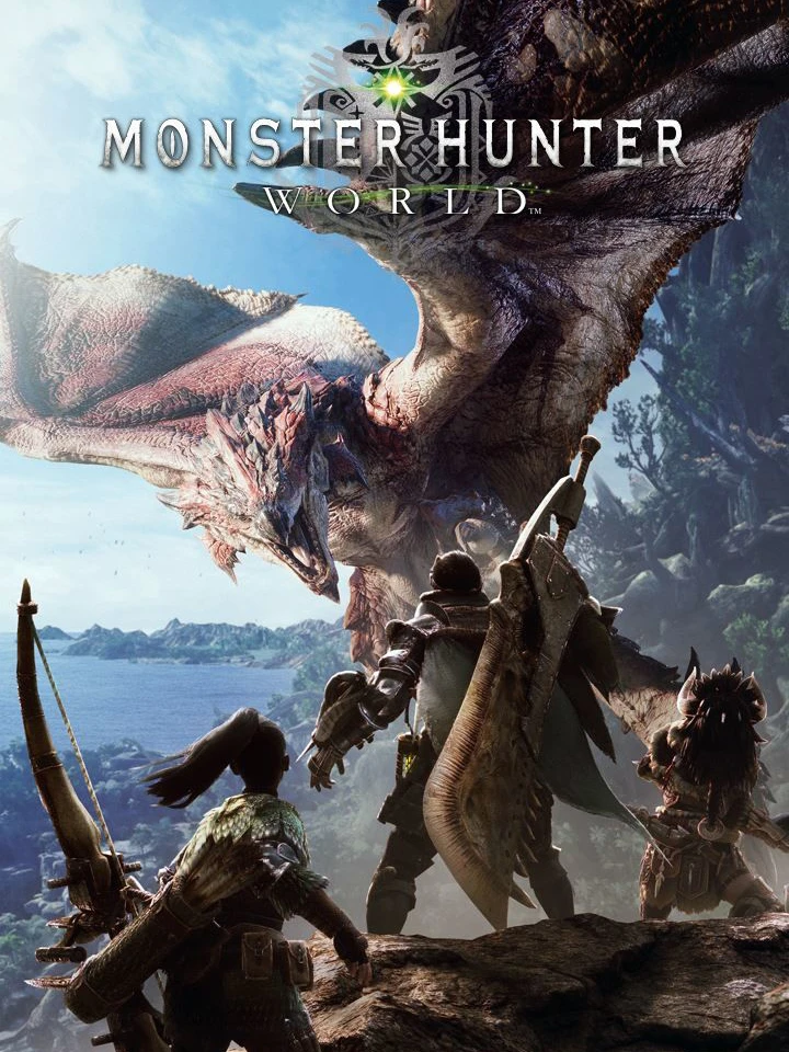 Official Monster Hunter: World poster with the native logo above a hunter facing a large winged monster.