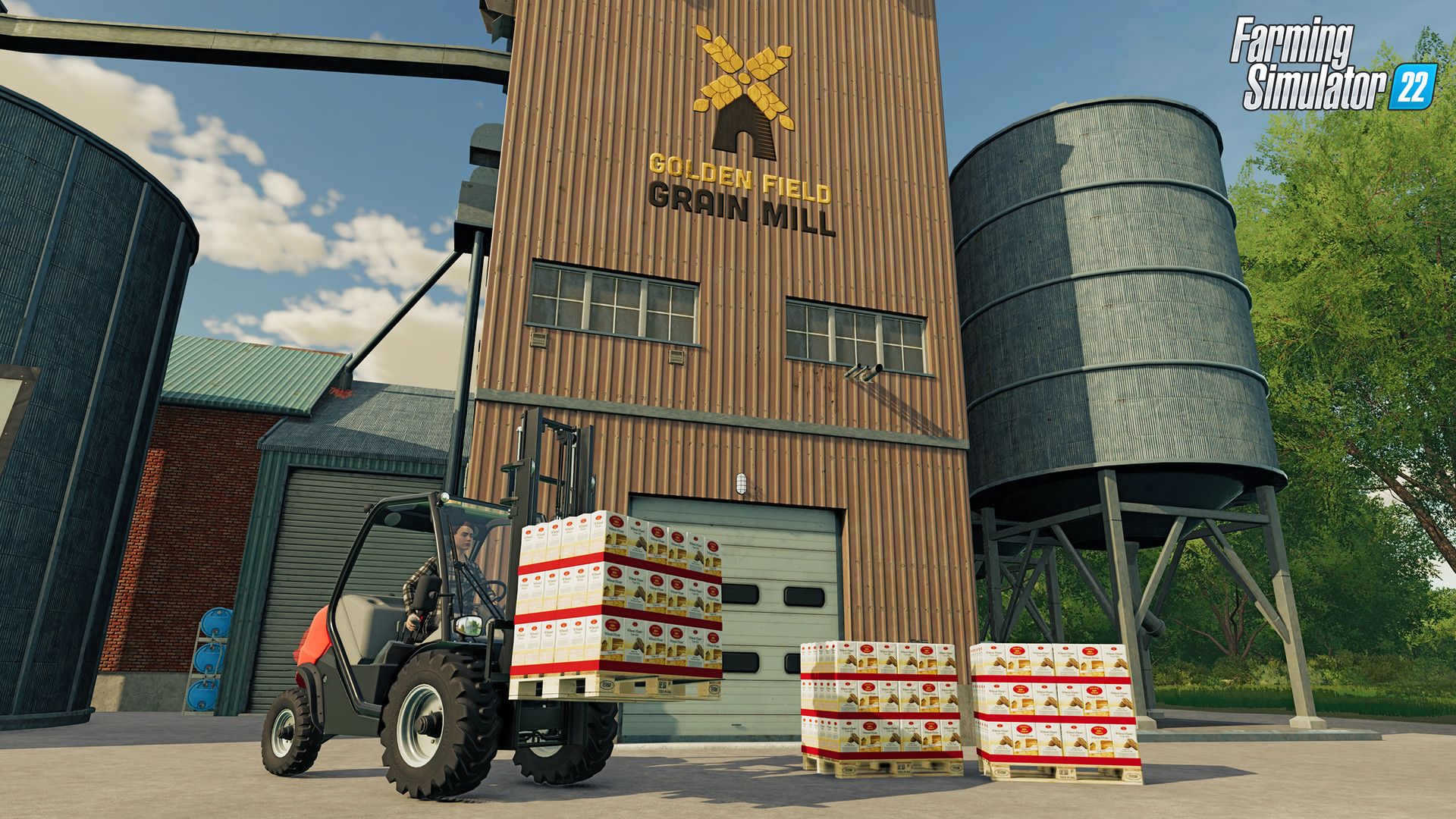 A forklift moves packaged goods outside a grain mill, showing another part of the production chain.