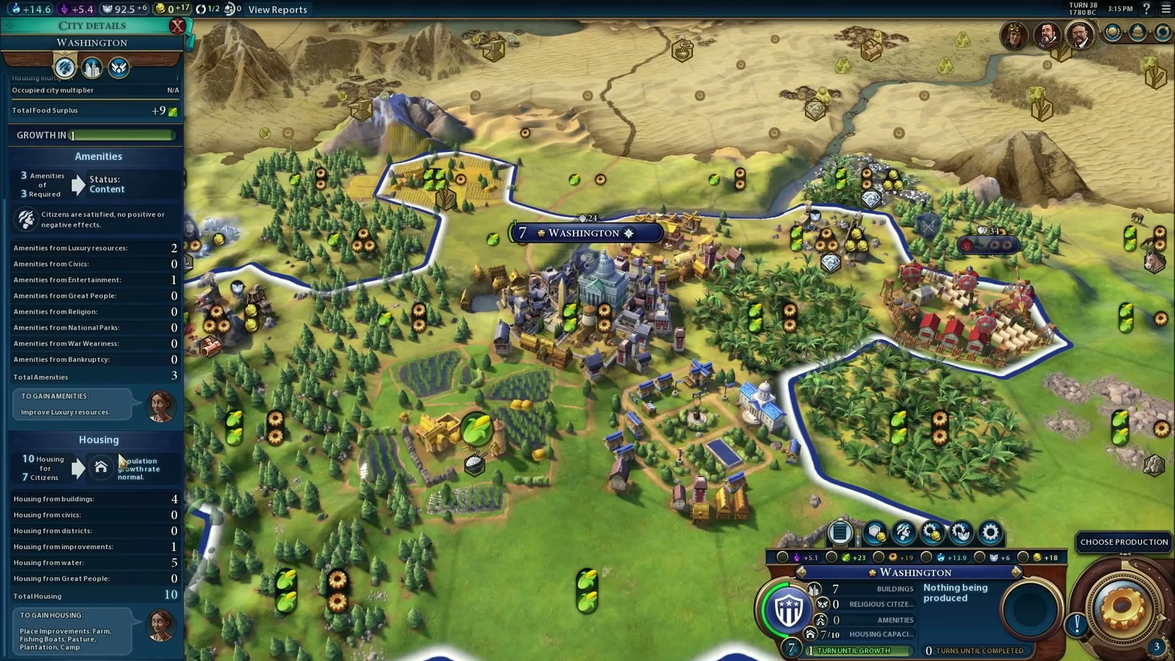 Civilization VI city details with Housing shown as ten for seven citizens in Washington.