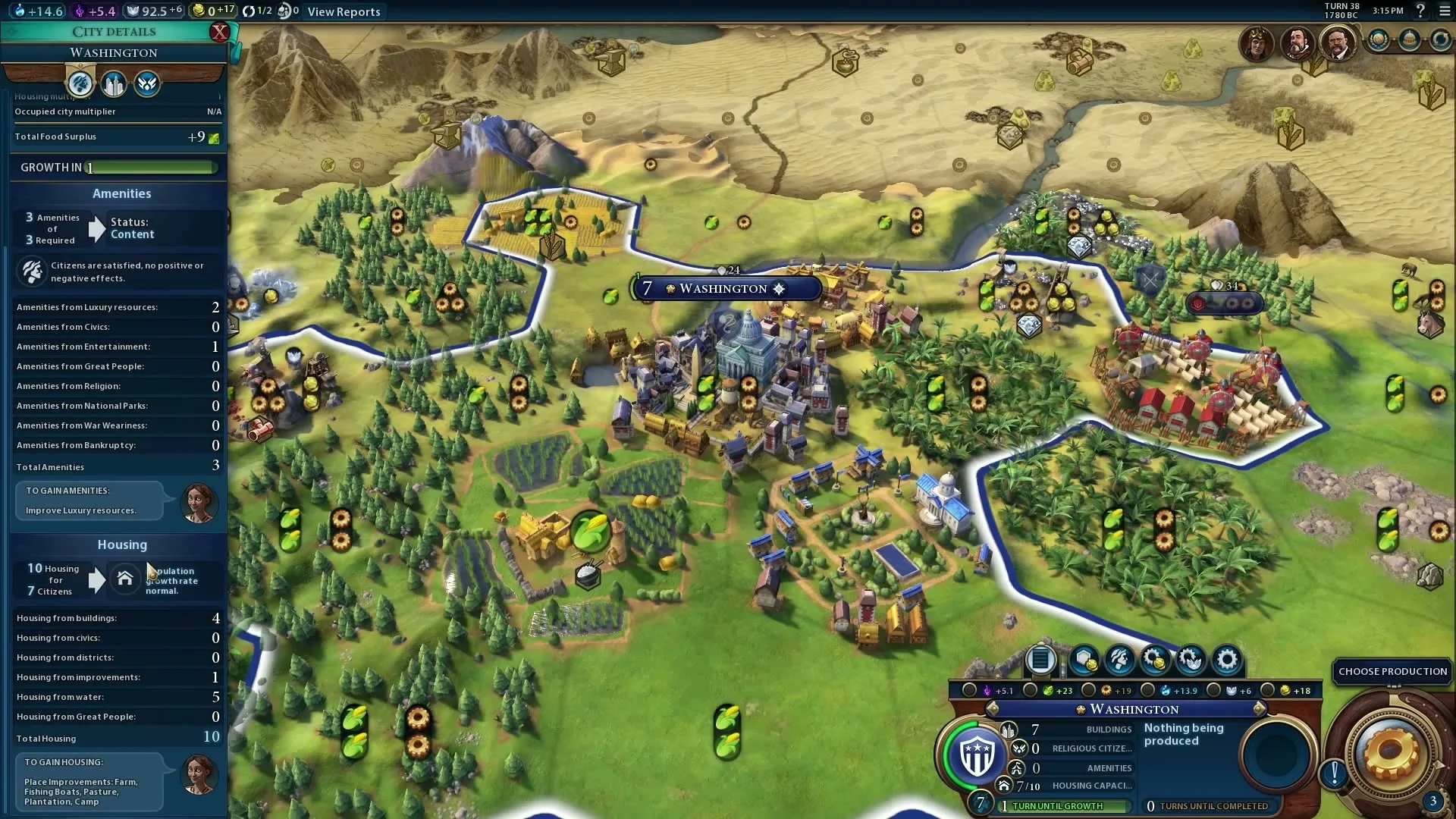 Civilization VI city details with Housing shown as ten for seven citizens in Washington.