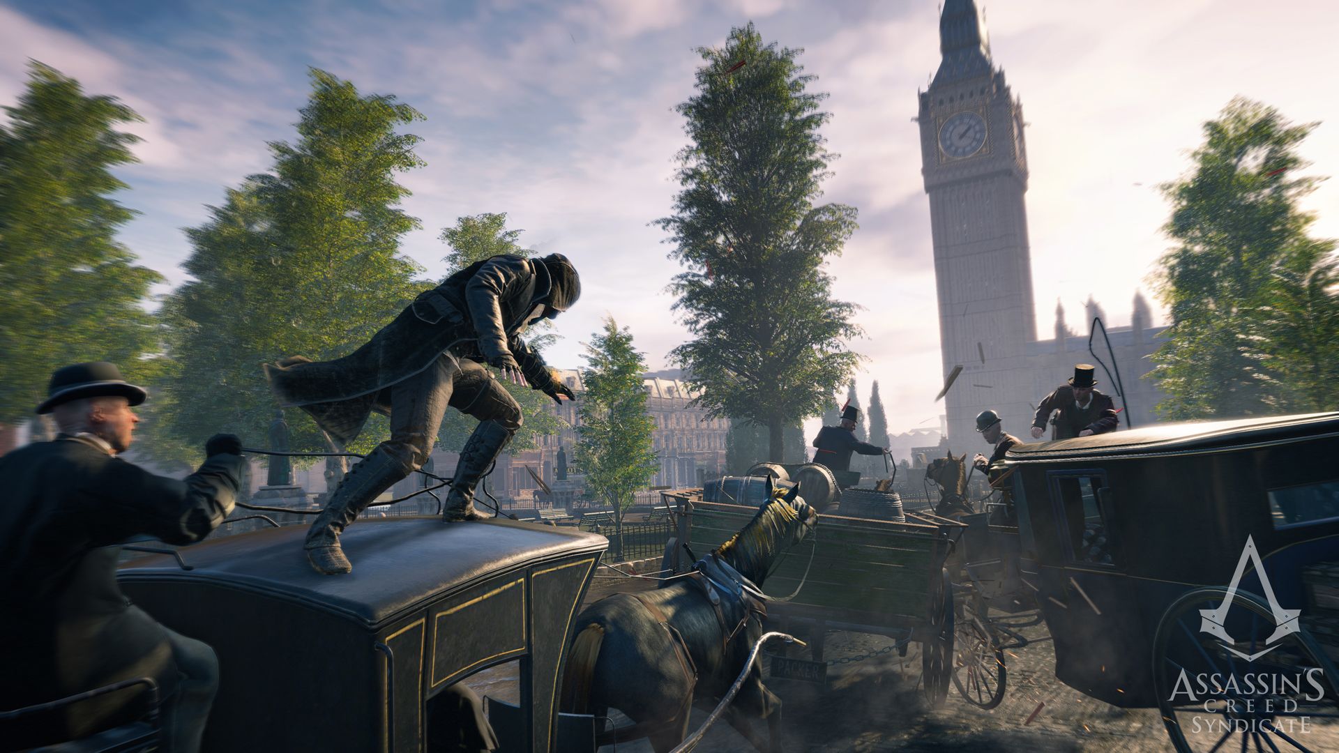 A character crosses the top of a carriage with Big Ben visible behind it.