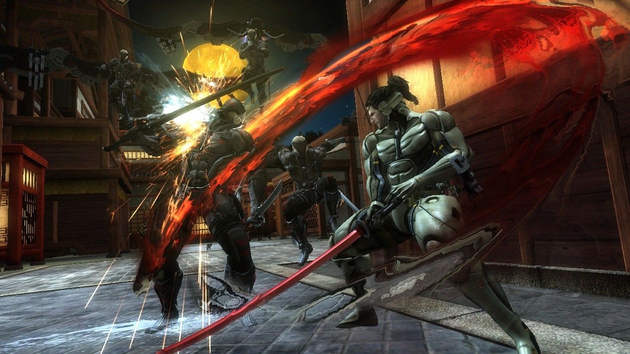 Raiden slices through a robotic enemy with a bright red arc.