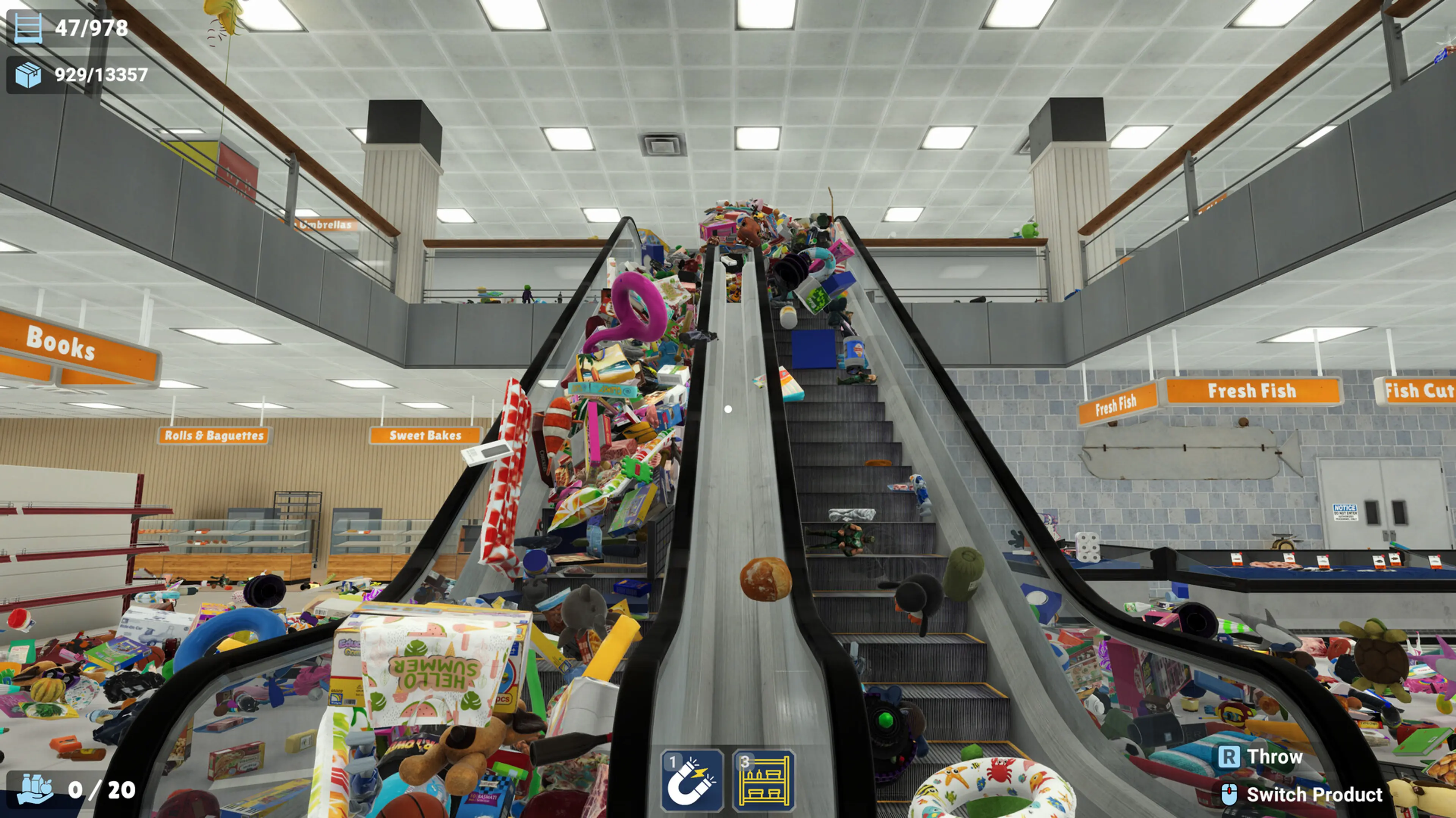 Products cover the floor and escalators inside the two-story Megastore in Tidy Up Together.