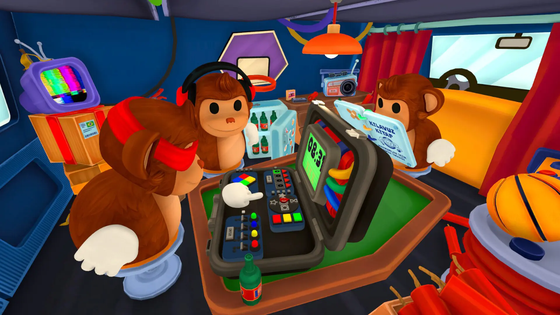 Three BOMBANANA monkeys gather around an open bomb filled with colorful puzzle modules.