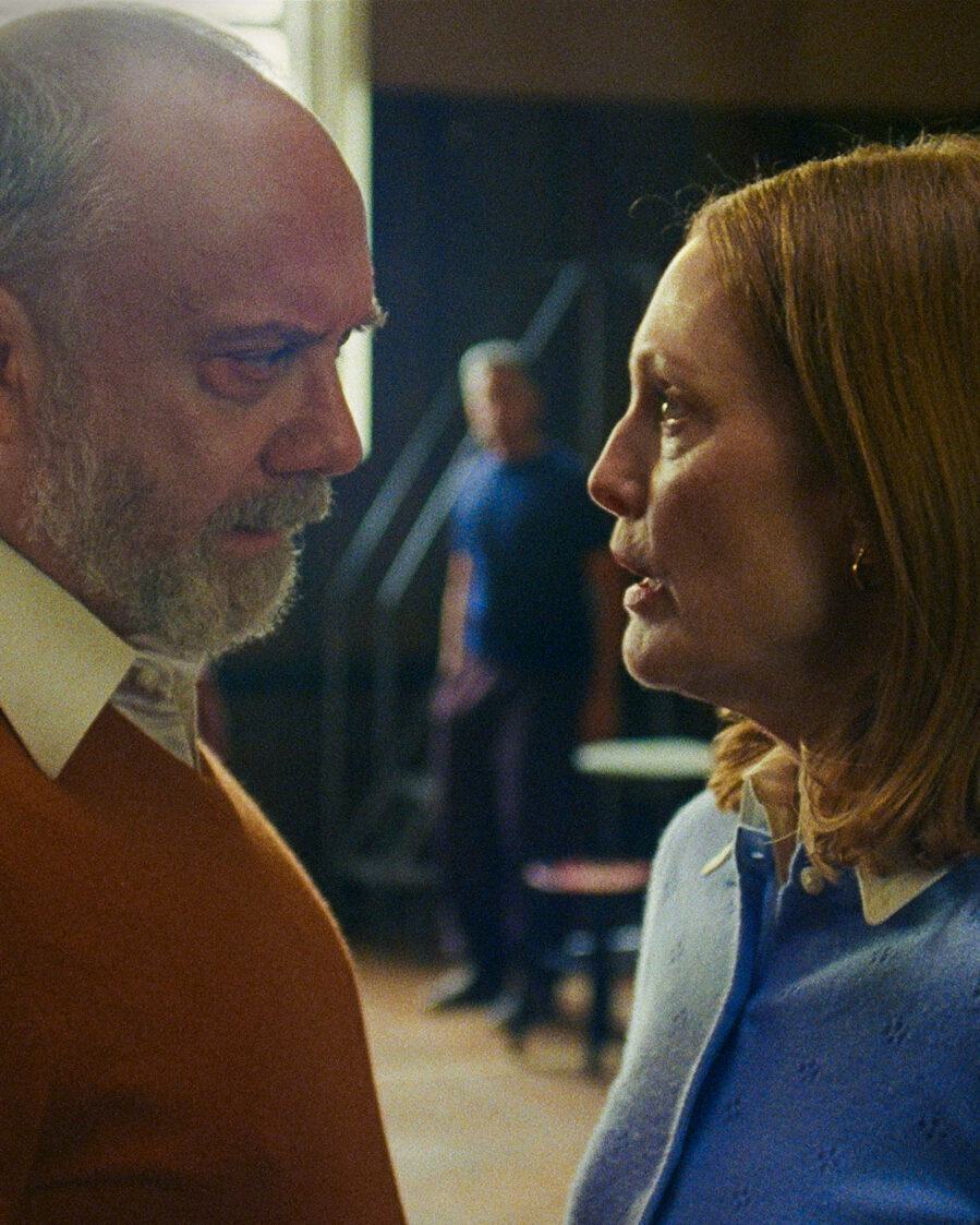 Paul Giamatti as Jerry and Julianne Moore as Mona face each other in a portrait still from The Debut.
